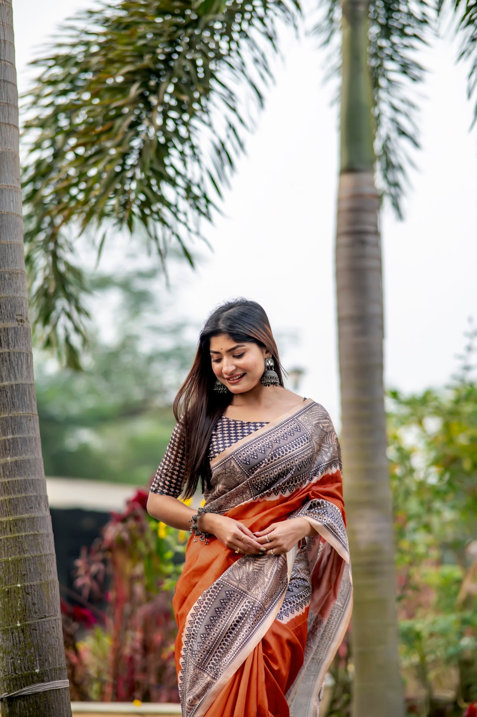 Buy MySilkLove Rust Orange Madhubani Printed Silk Saree Online