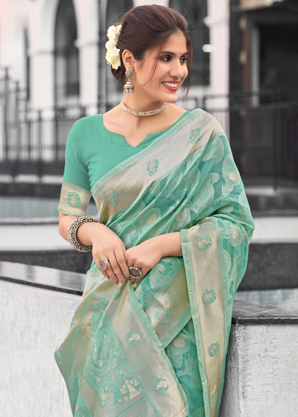 Buy MySilkLove Pastel Green Lucknowi Linen Cotton Saree Online