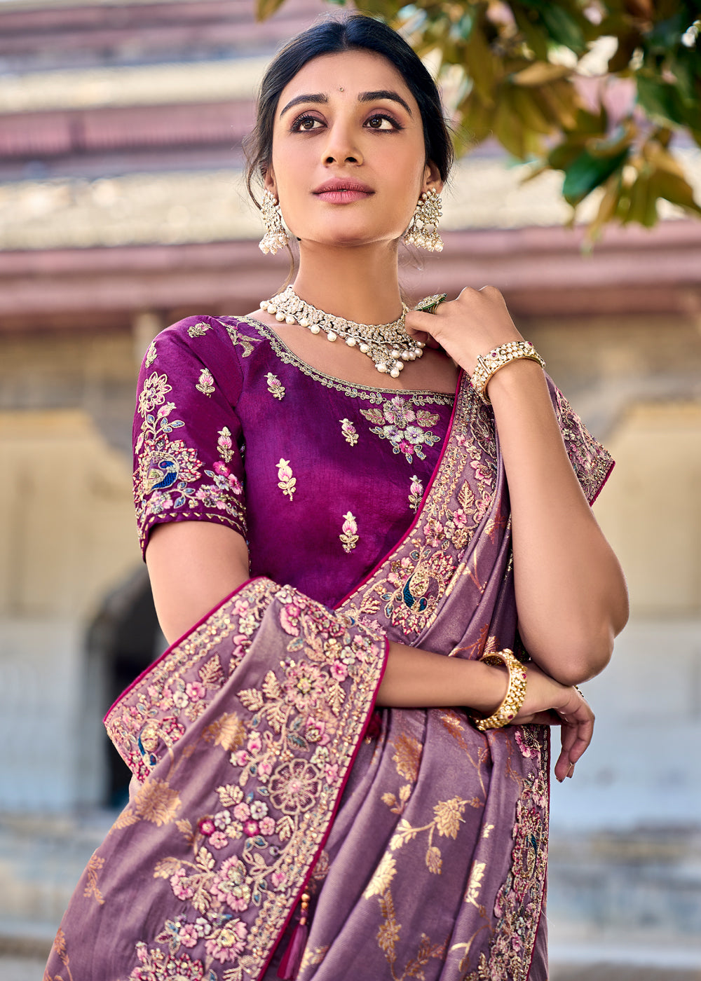 MySilkLove Lilac Purple Woven Designer Banarasi Embroidered Silk Saree