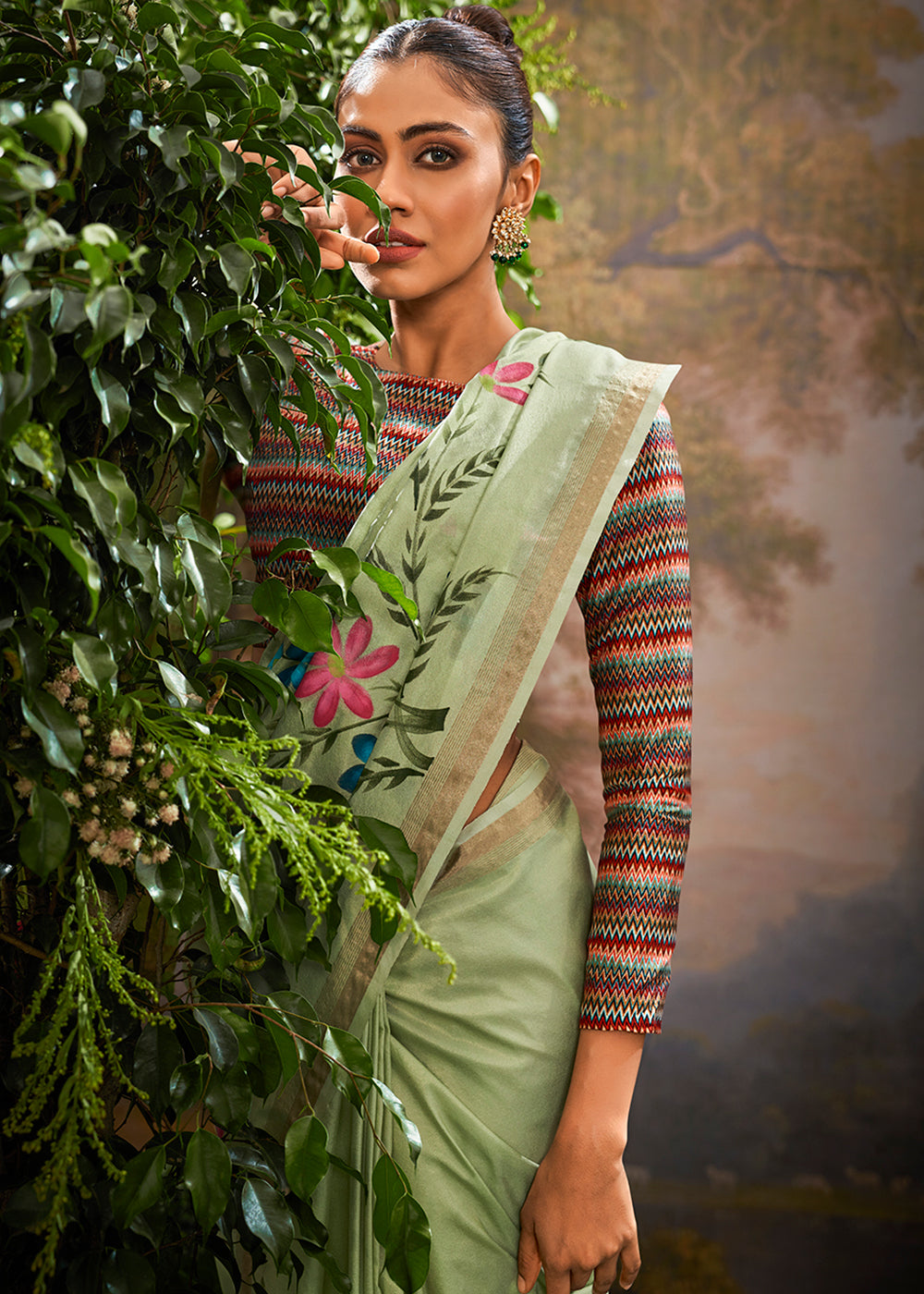 Buy MySilkLove Tea Green Hand Painted Linen Silk Saree Online