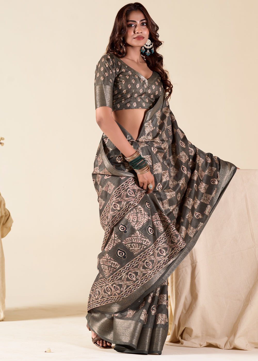 MySilkLove Taupe Grey Banarasi Printed Soft Silk Saree