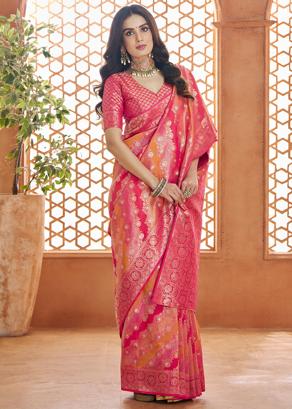 Buy MySilkLove Rosewood Pink Woven Banarasi Saree Online