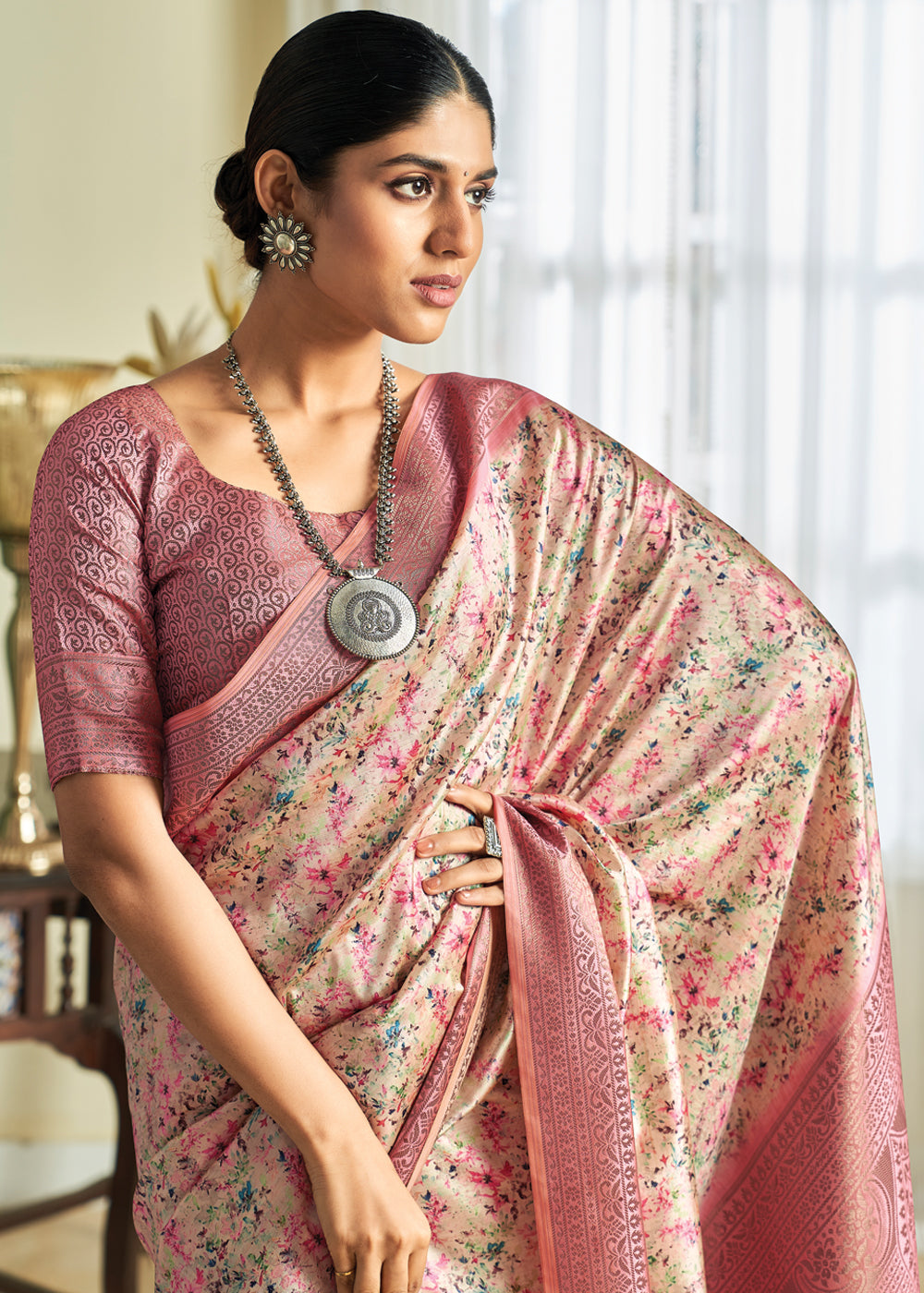 Buy MySilkLove Tonys Pink Woven Banarasi Satin Silk Saree Online