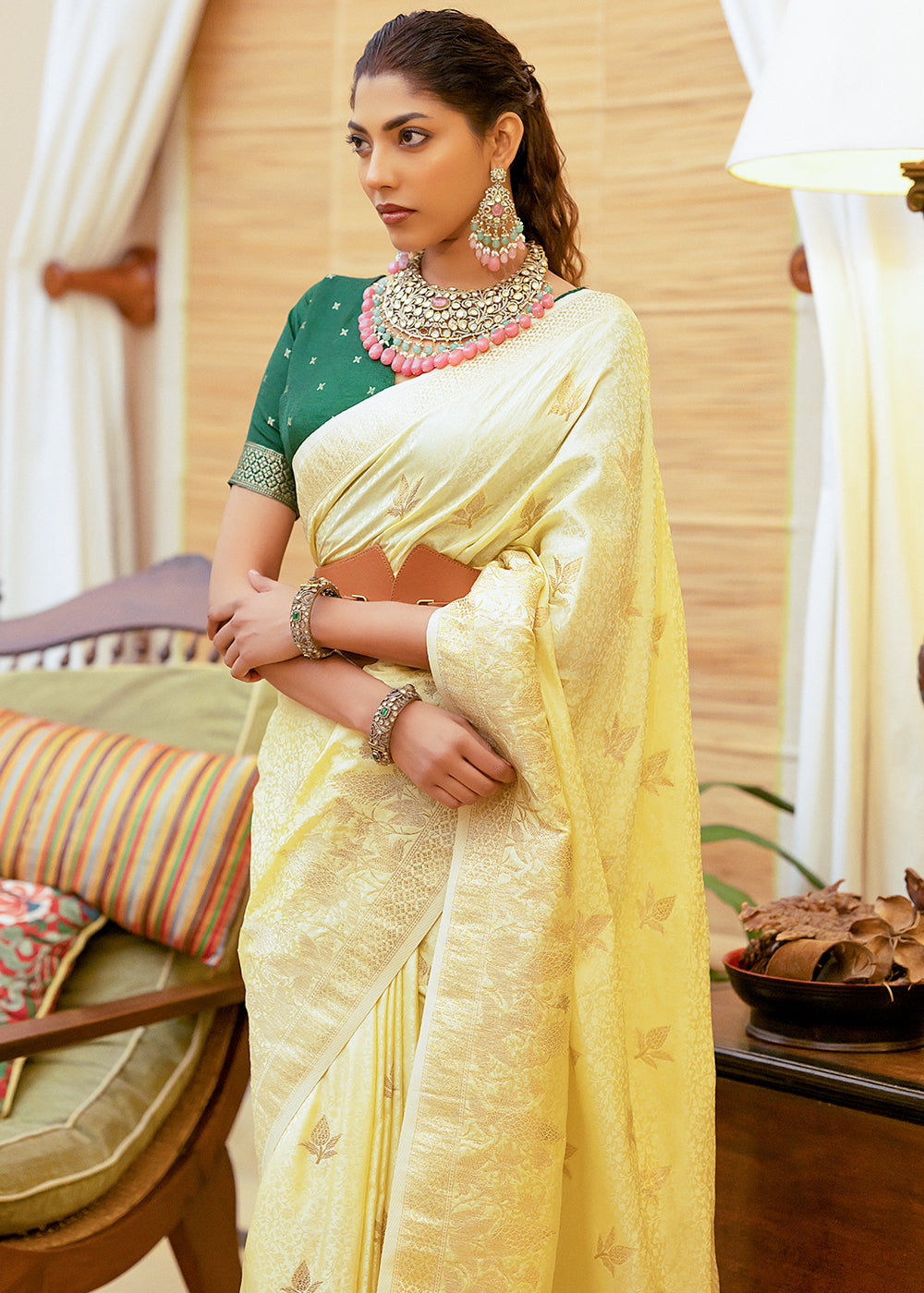 Buy MySilkLove Half Colonial Yellow Woven Satin Silk Saree Online