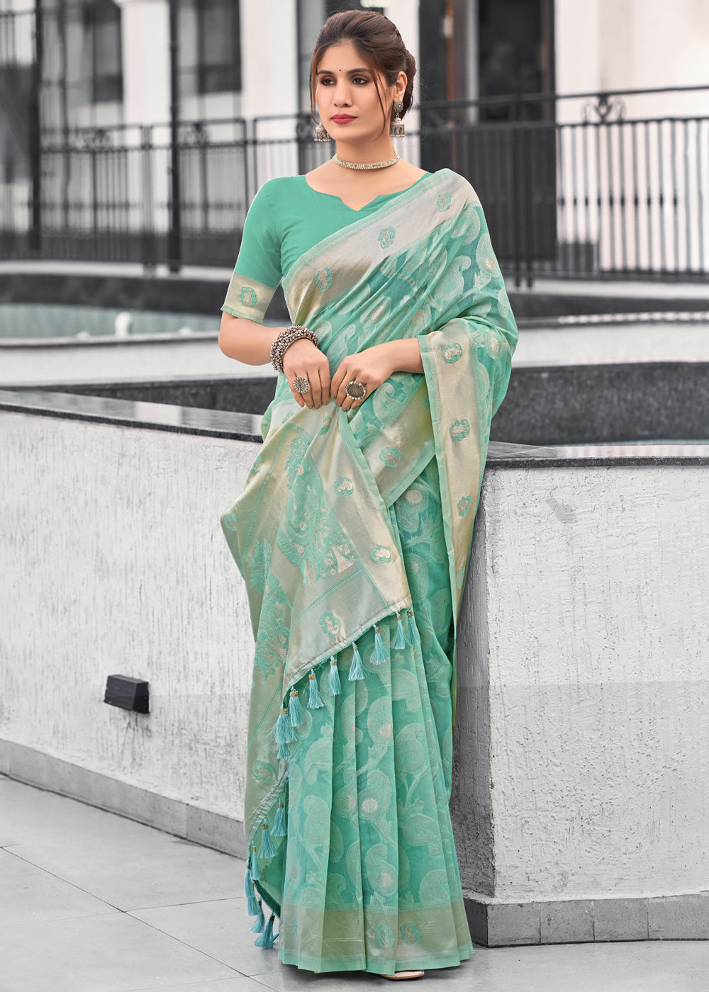 Buy MySilkLove Pastel Green Lucknowi Linen Cotton Saree Online