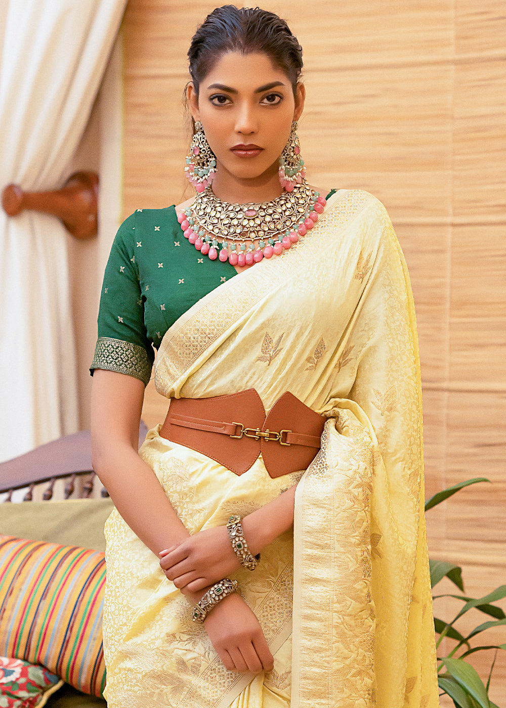 Buy MySilkLove Half Colonial Yellow Woven Satin Silk Saree Online