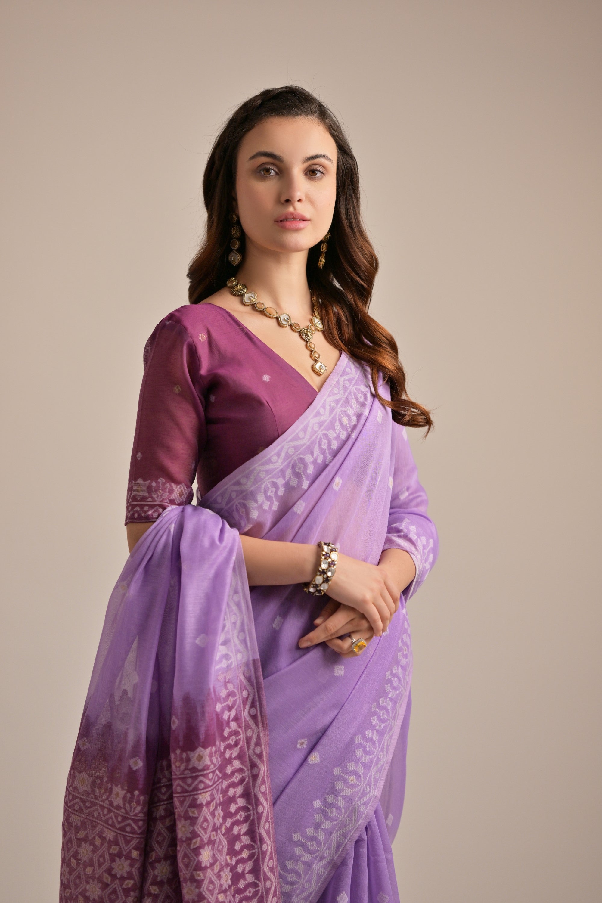 Buy MySilkLove Trendy Purple Lucknowi Woven Muga Cotton Saree Online