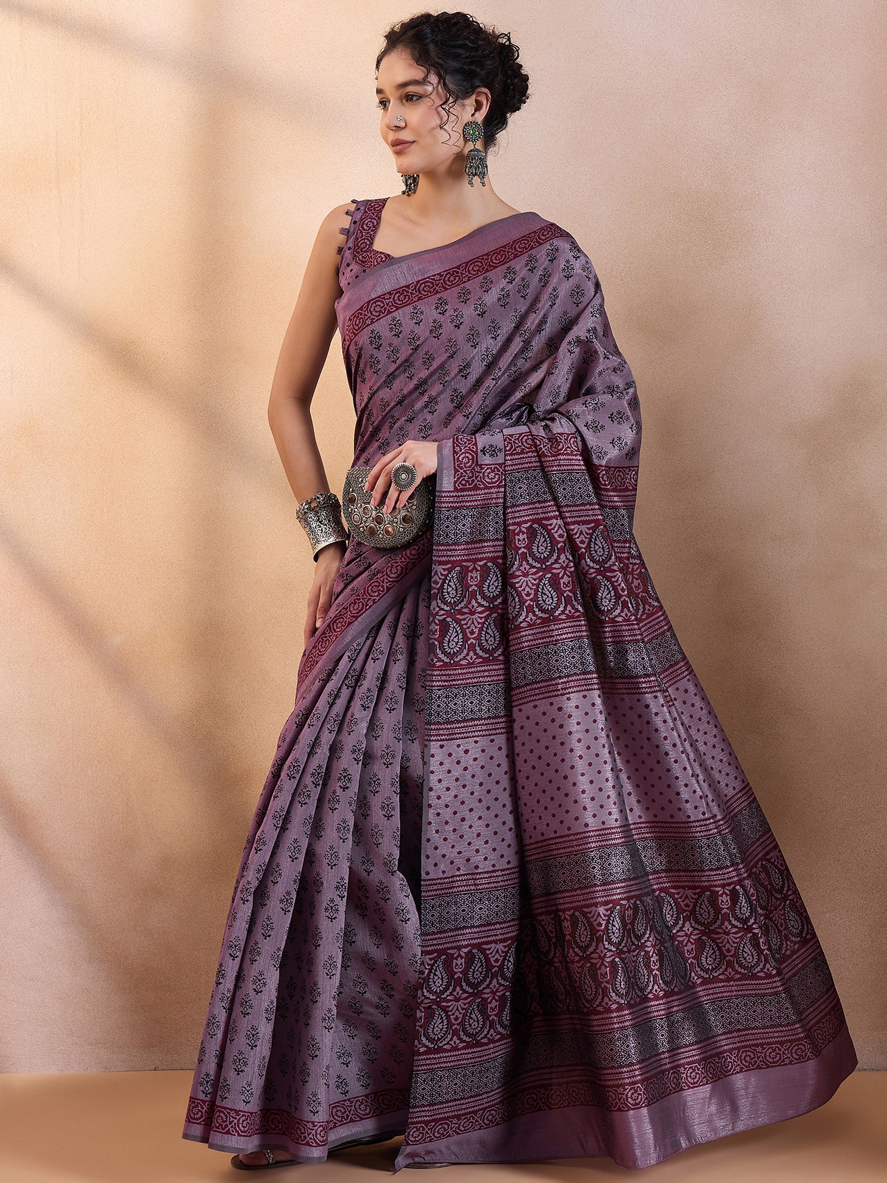 Buy MySilkLove Eggplant Purple Printed Dola Silk Saree Online