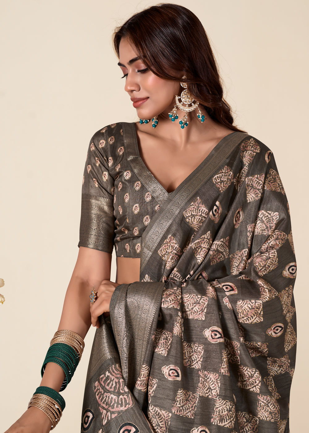 Buy MySilkLove Taupe Grey Banarasi Printed Soft Silk Saree Online