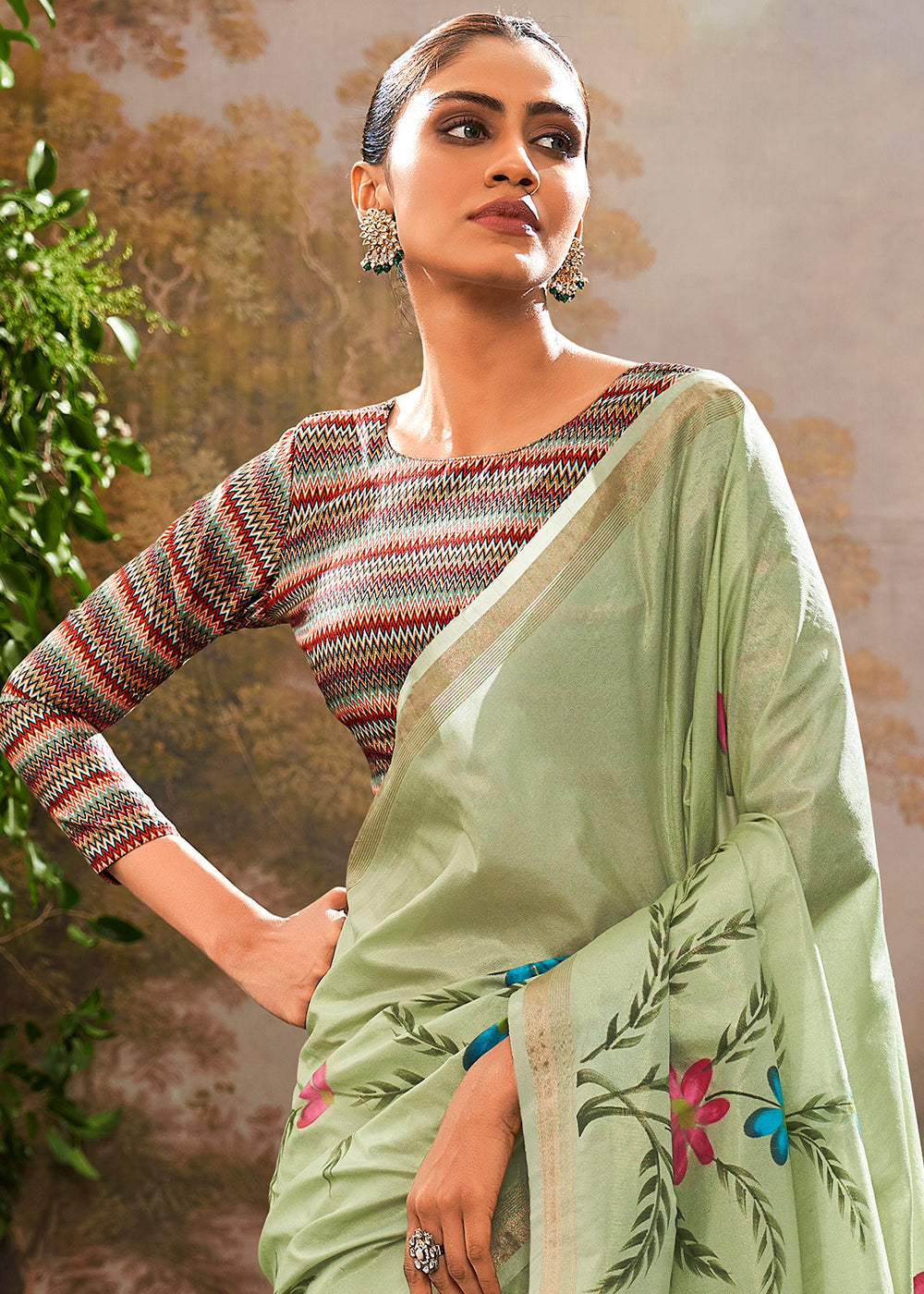 Buy MySilkLove Tea Green Hand Painted Linen Silk Saree Online