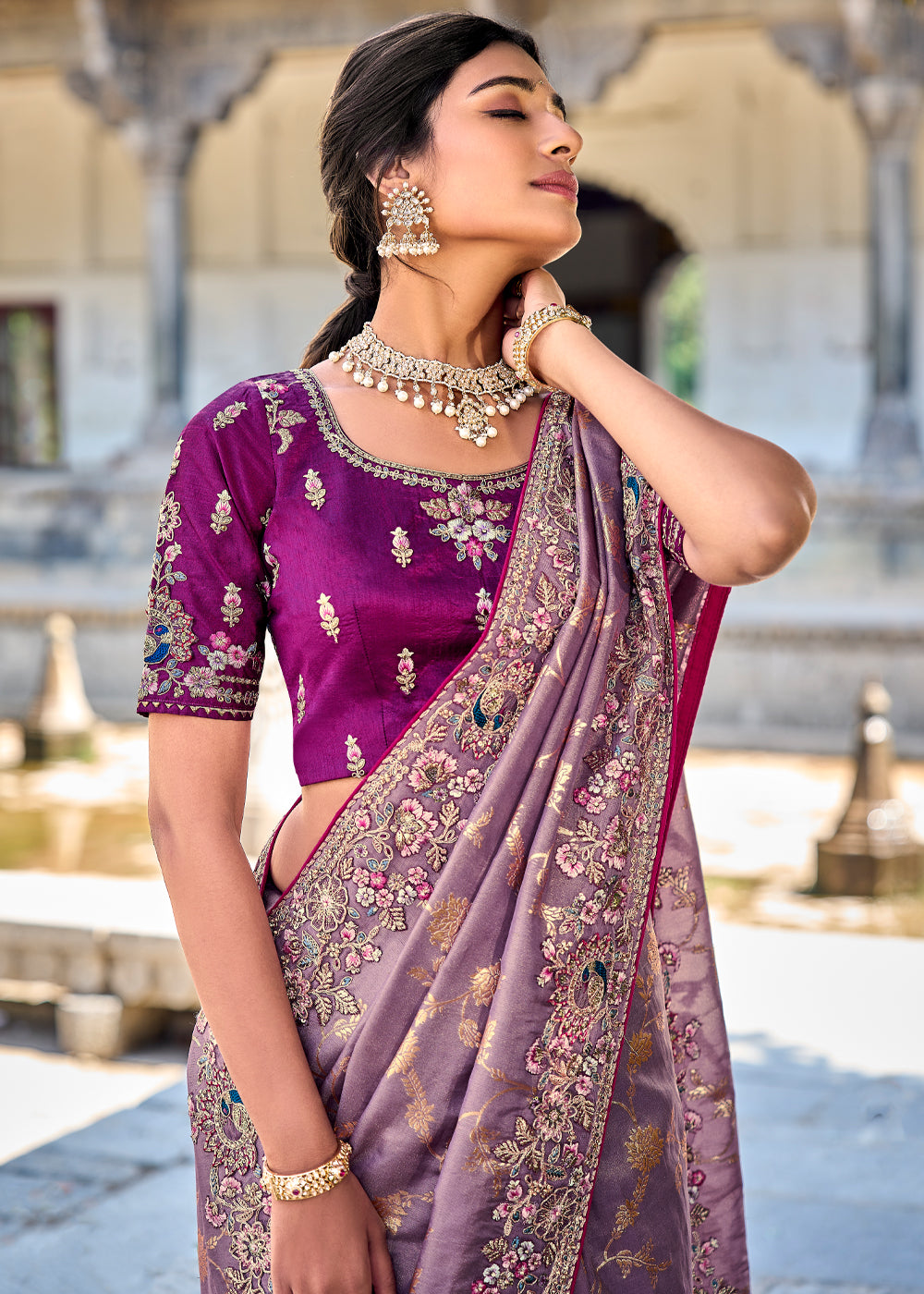 Buy MySilkLove Lilac Purple Woven Designer Banarasi Embroidered Silk Saree Online