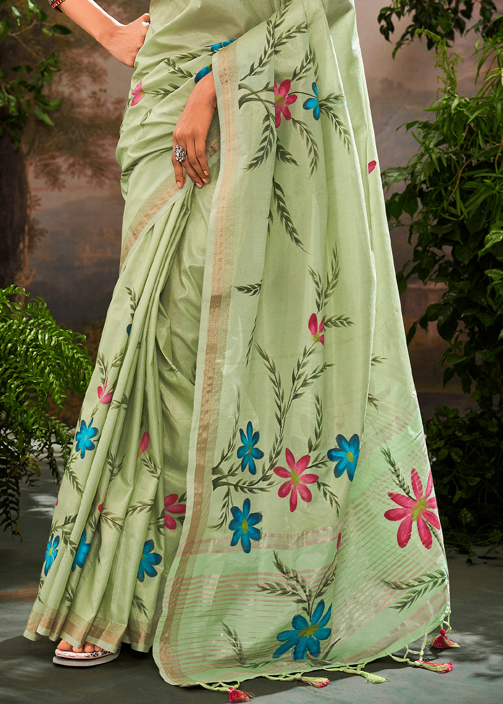 Buy MySilkLove Tea Green Hand Painted Linen Silk Saree Online