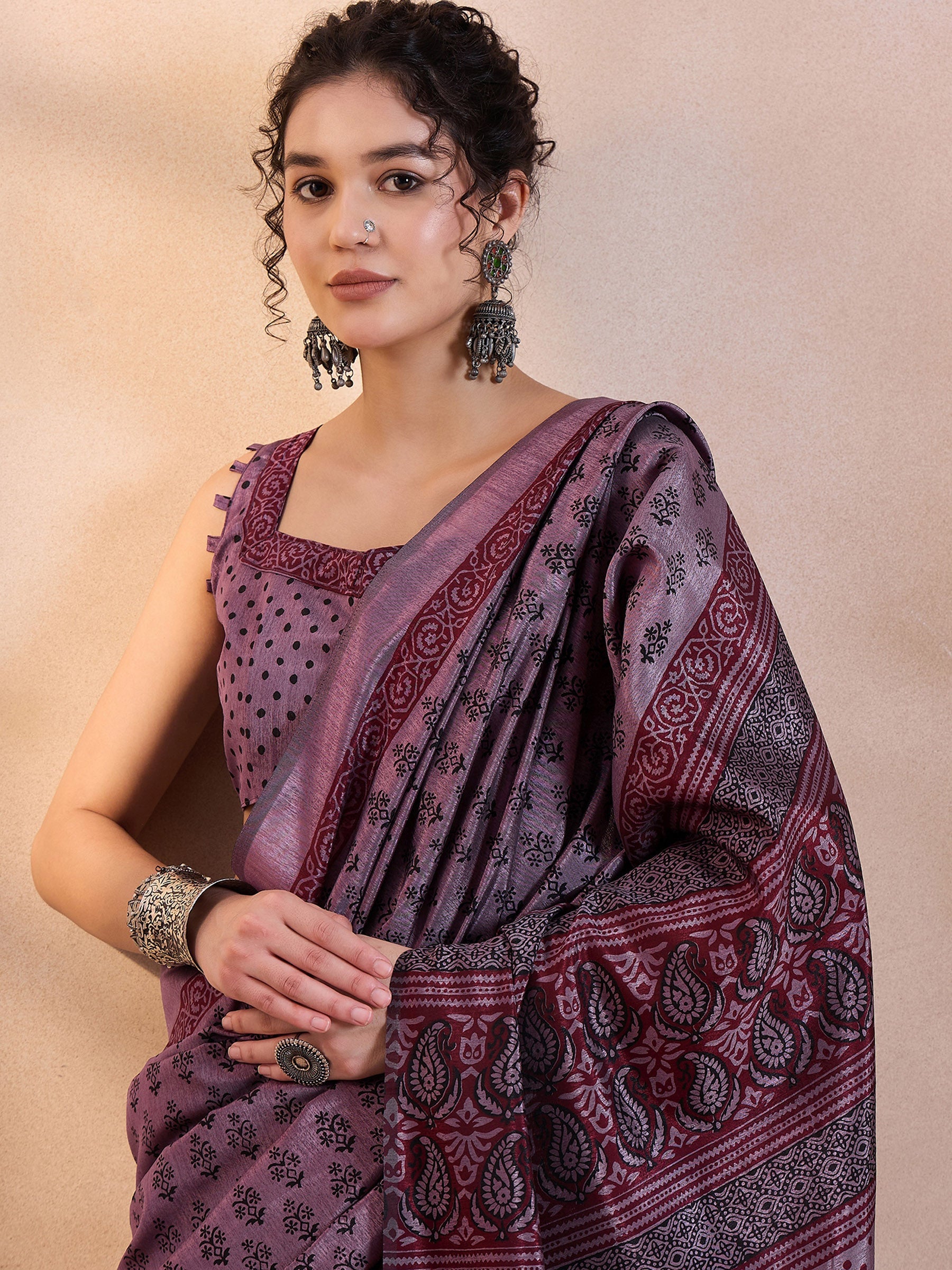 Buy MySilkLove Eggplant Purple Printed Dola Silk Saree Online