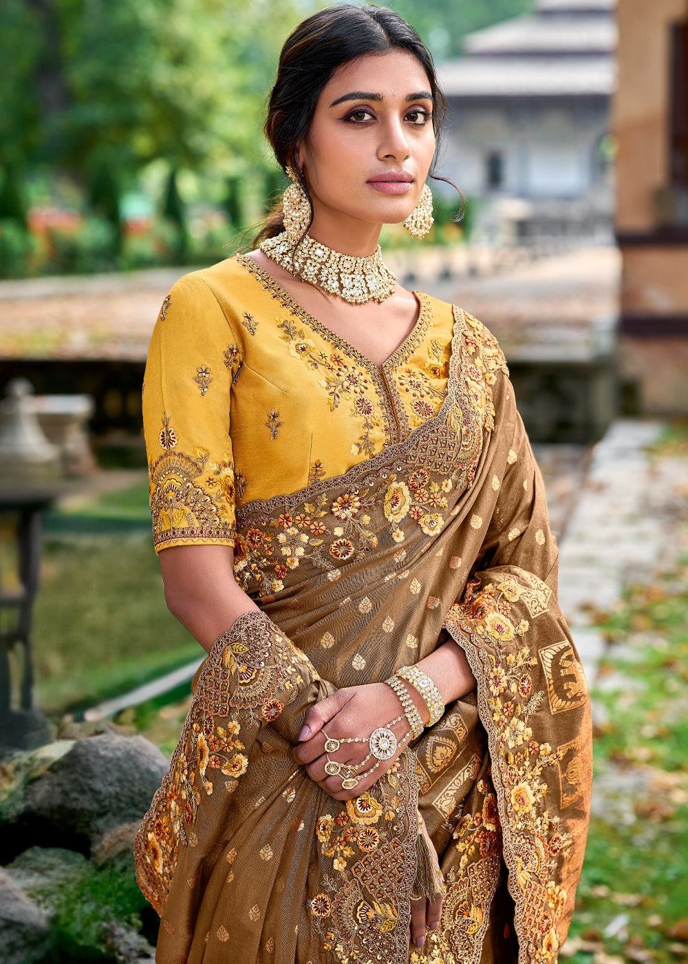 Buy MySilkLove Russet Brown Woven Designer Banarasi Embroidered Silk Saree Online