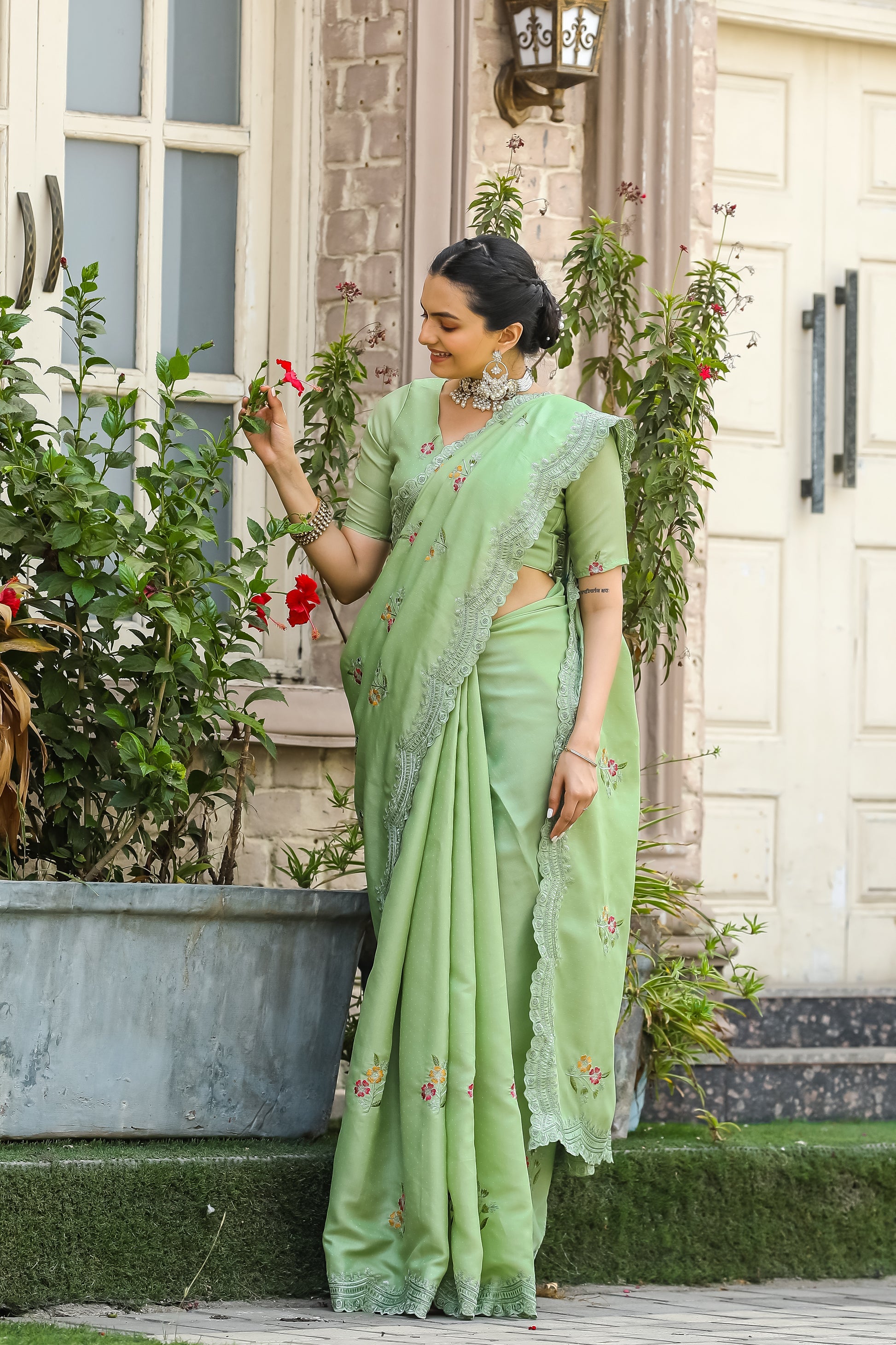 Buy MySilkLove Pista Green Embroidery Tussar Cotton Saree Online