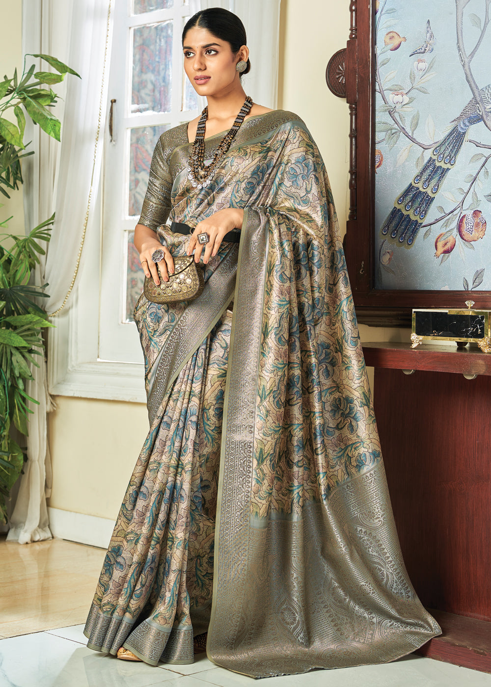 Buy MySilkLove Grey Olive Woven Banarasi Satin Silk Saree Online