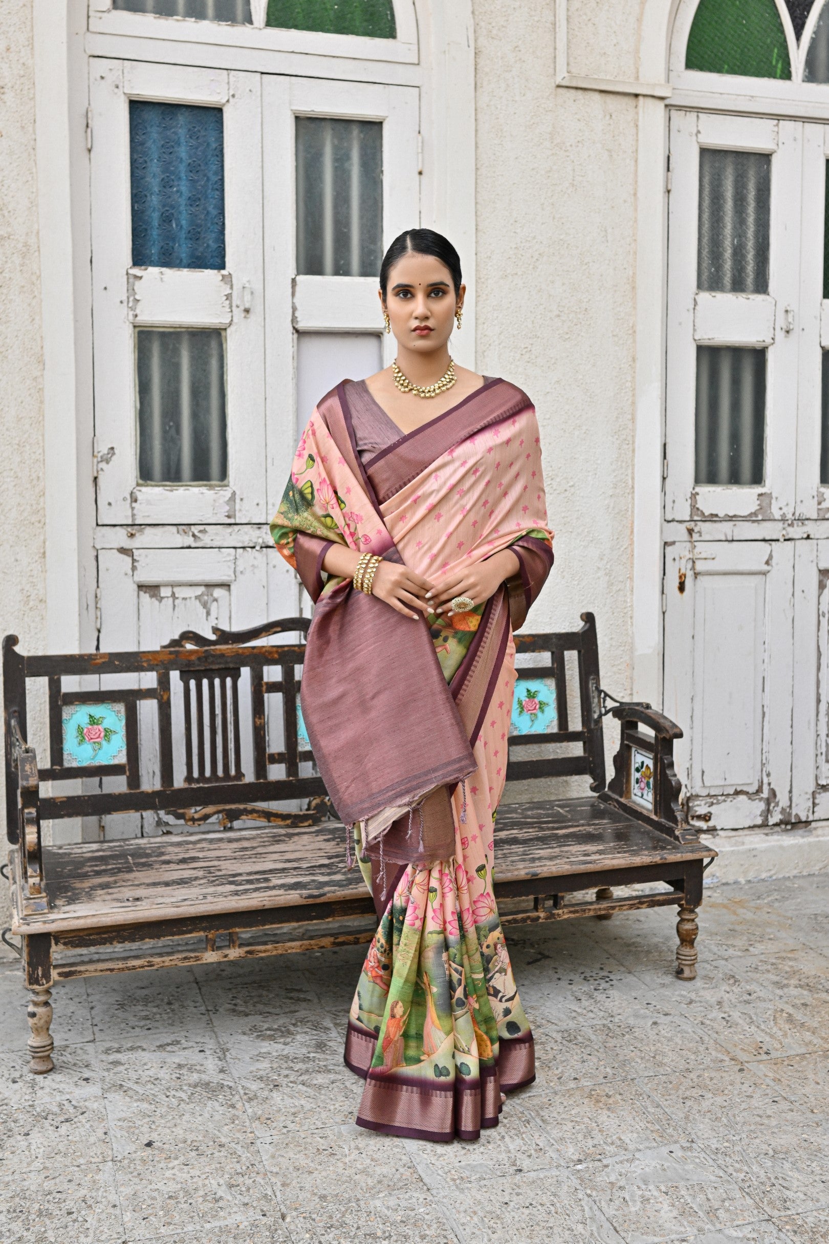 Buy MySilkLove Eunry Peach and Purple Tussar Printed Silk Saree Online