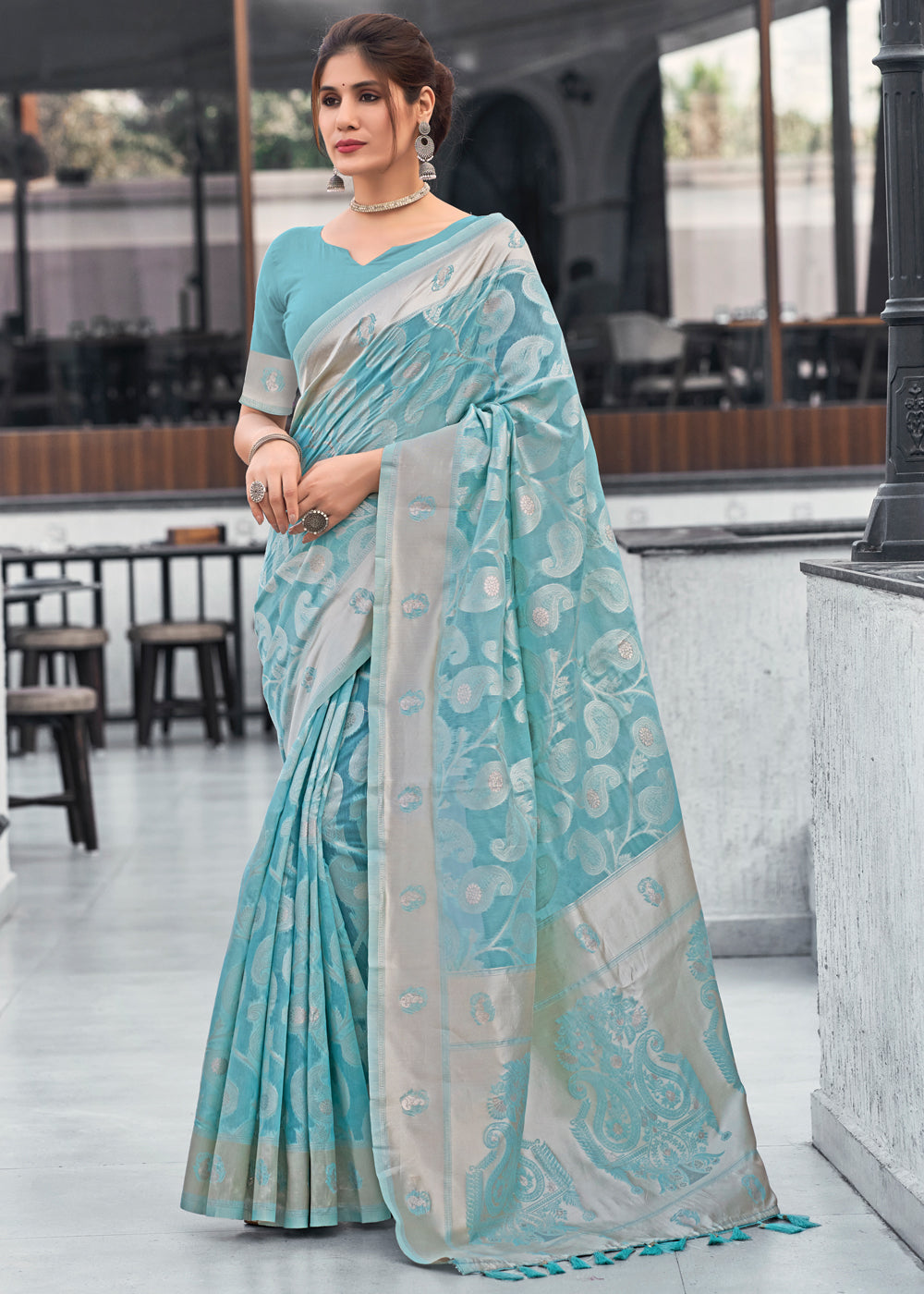 Buy MySilkLove Sea Blue Lucknowi Linen Cotton Saree Online