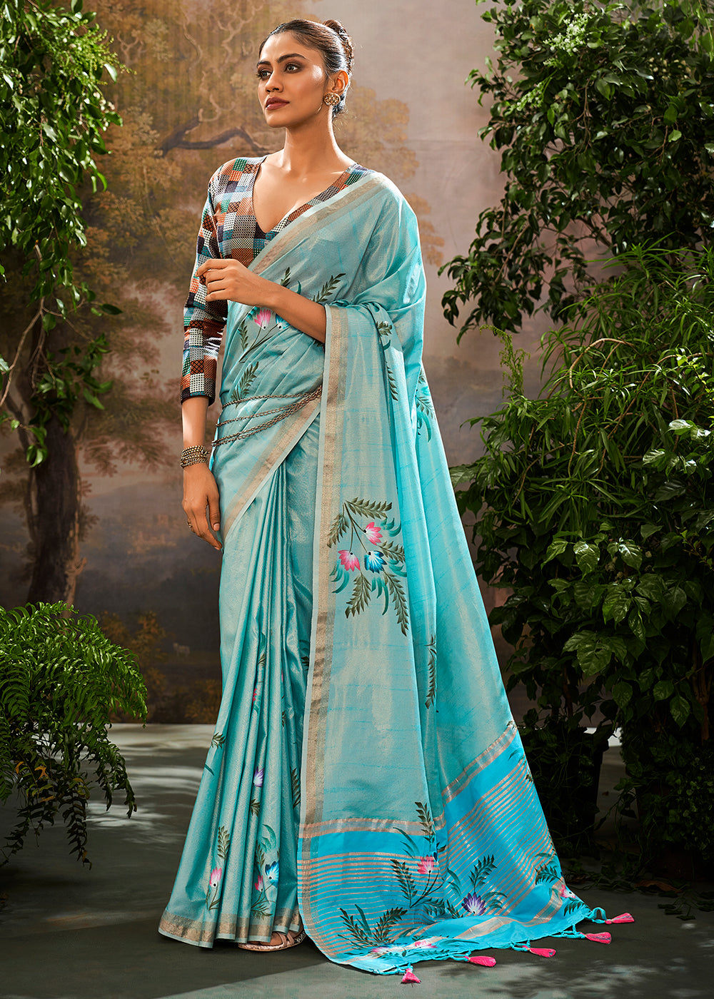 Buy MySilkLove Artic Blue Hand Painted Linen Silk Saree Online