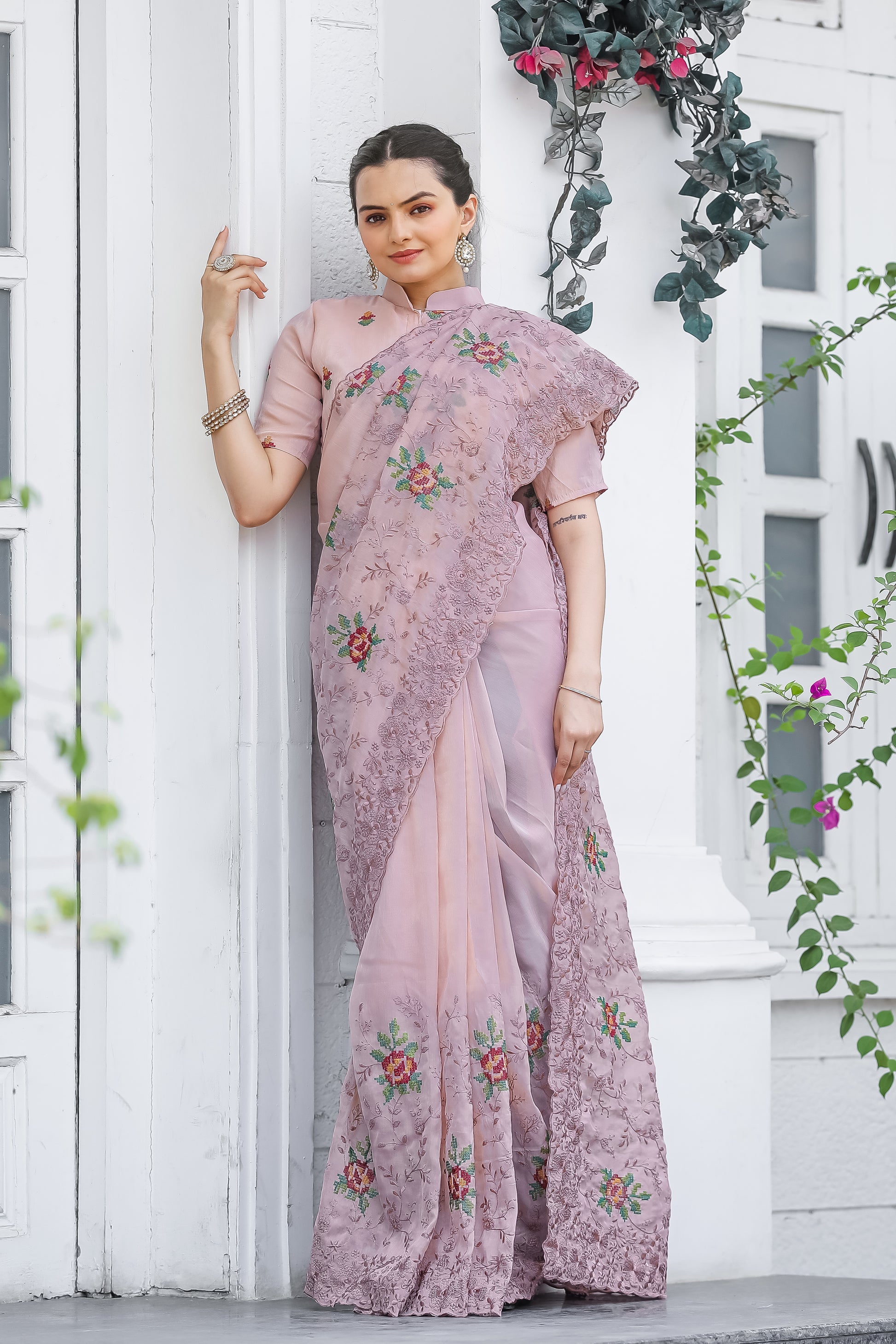 Buy MySilkLove Old Pink Embroidered Chiffon Silk Saree Online