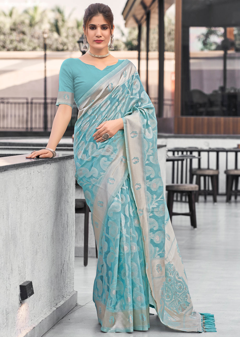 MySilkLove Sea Blue Lucknowi Linen Cotton Saree