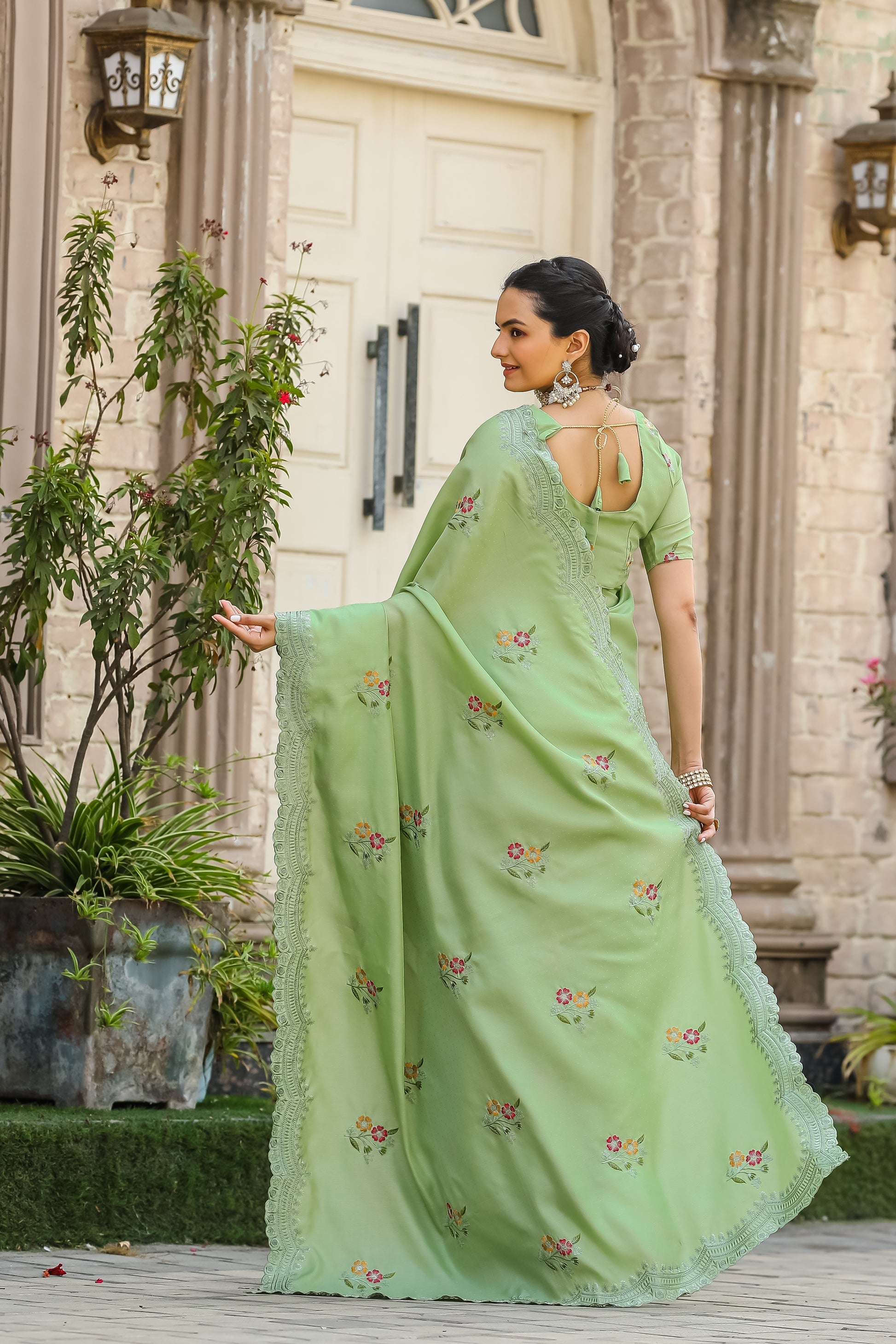 Buy MySilkLove Pista Green Embroidery Tussar Cotton Saree Online