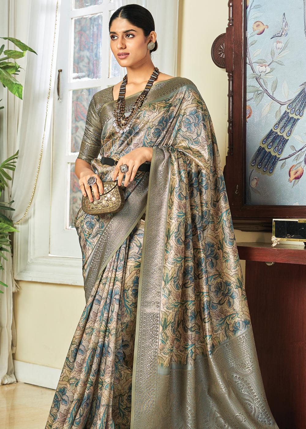 MySilkLove Grey Olive Woven Banarasi Satin Silk Saree