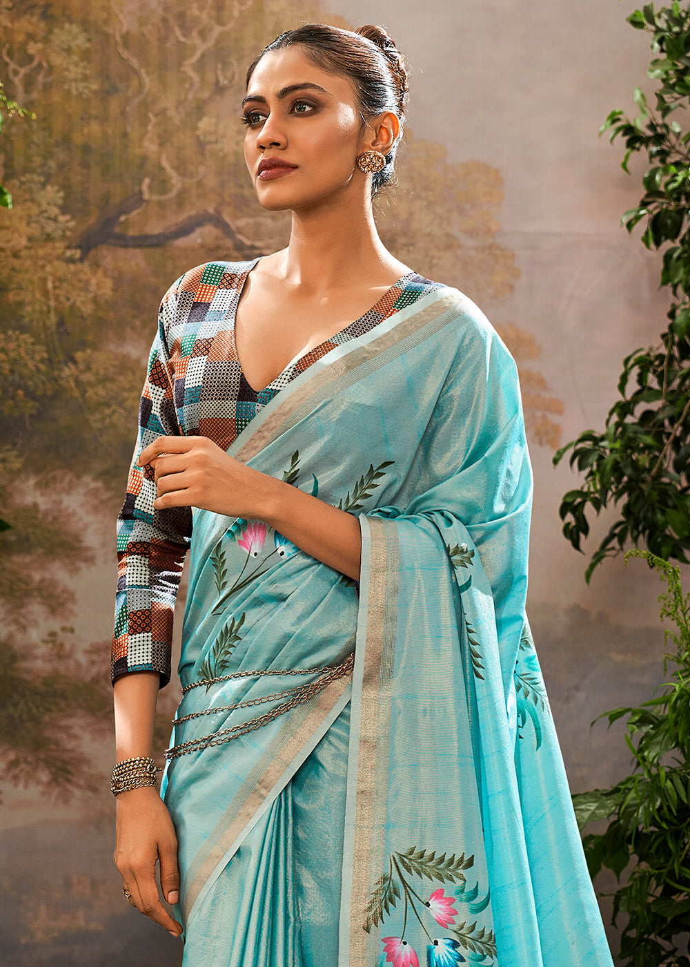 Buy MySilkLove Artic Blue Hand Painted Linen Silk Saree Online