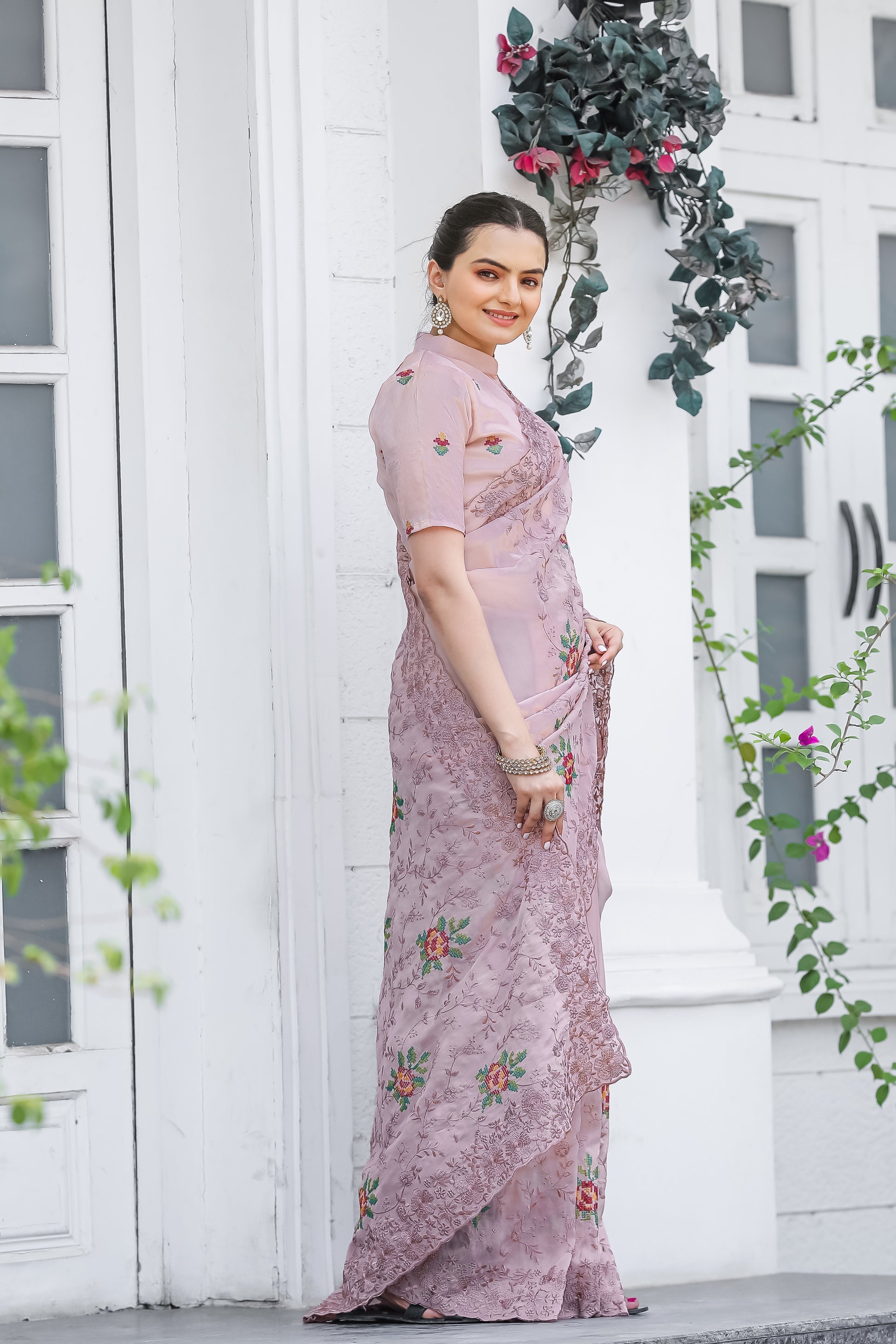 Buy MySilkLove Old Pink Embroidered Chiffon Silk Saree Online