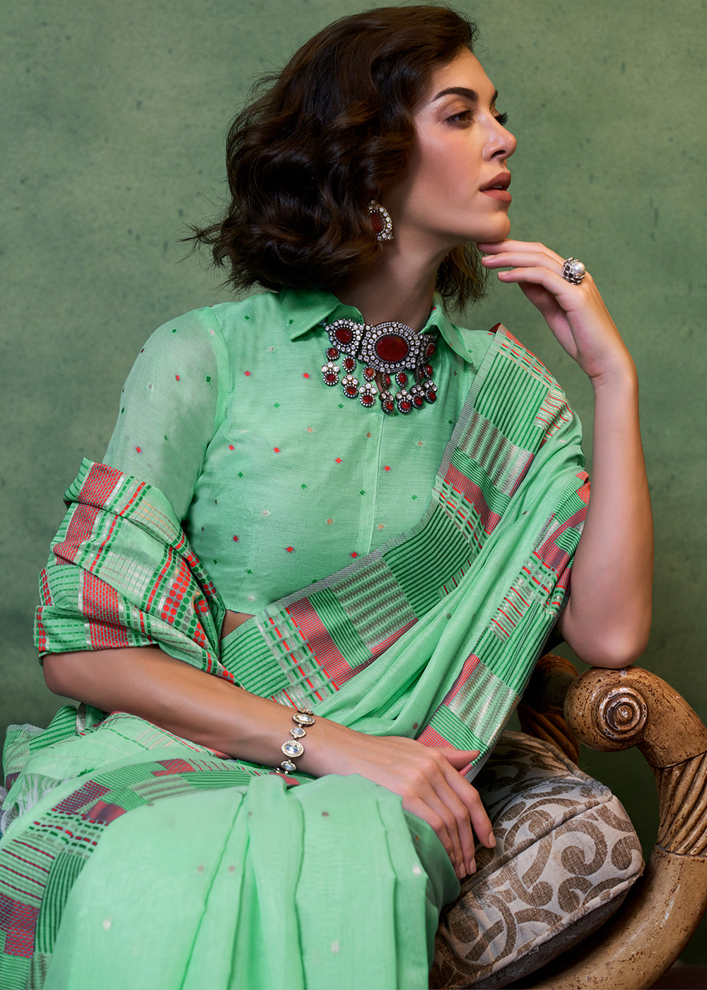 Buy MySilkLove Shadow Green Handloom Cotton Silk Saree Online