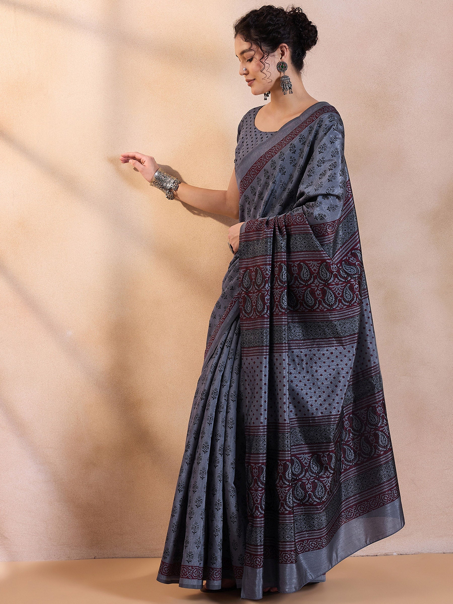 MySilkLove Ship Grey Printed Dola Silk Saree