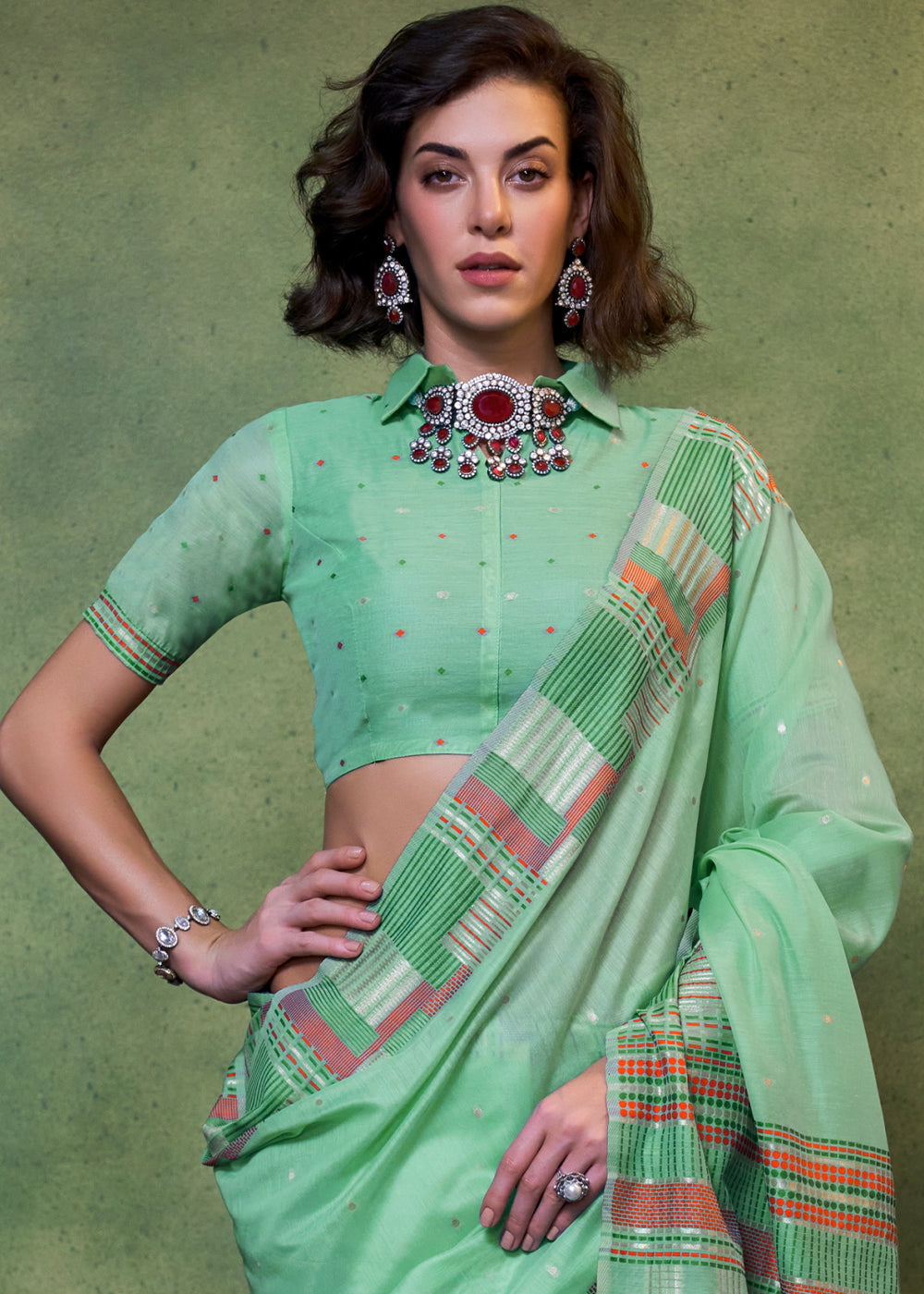 Buy MySilkLove Shadow Green Handloom Cotton Silk Saree Online