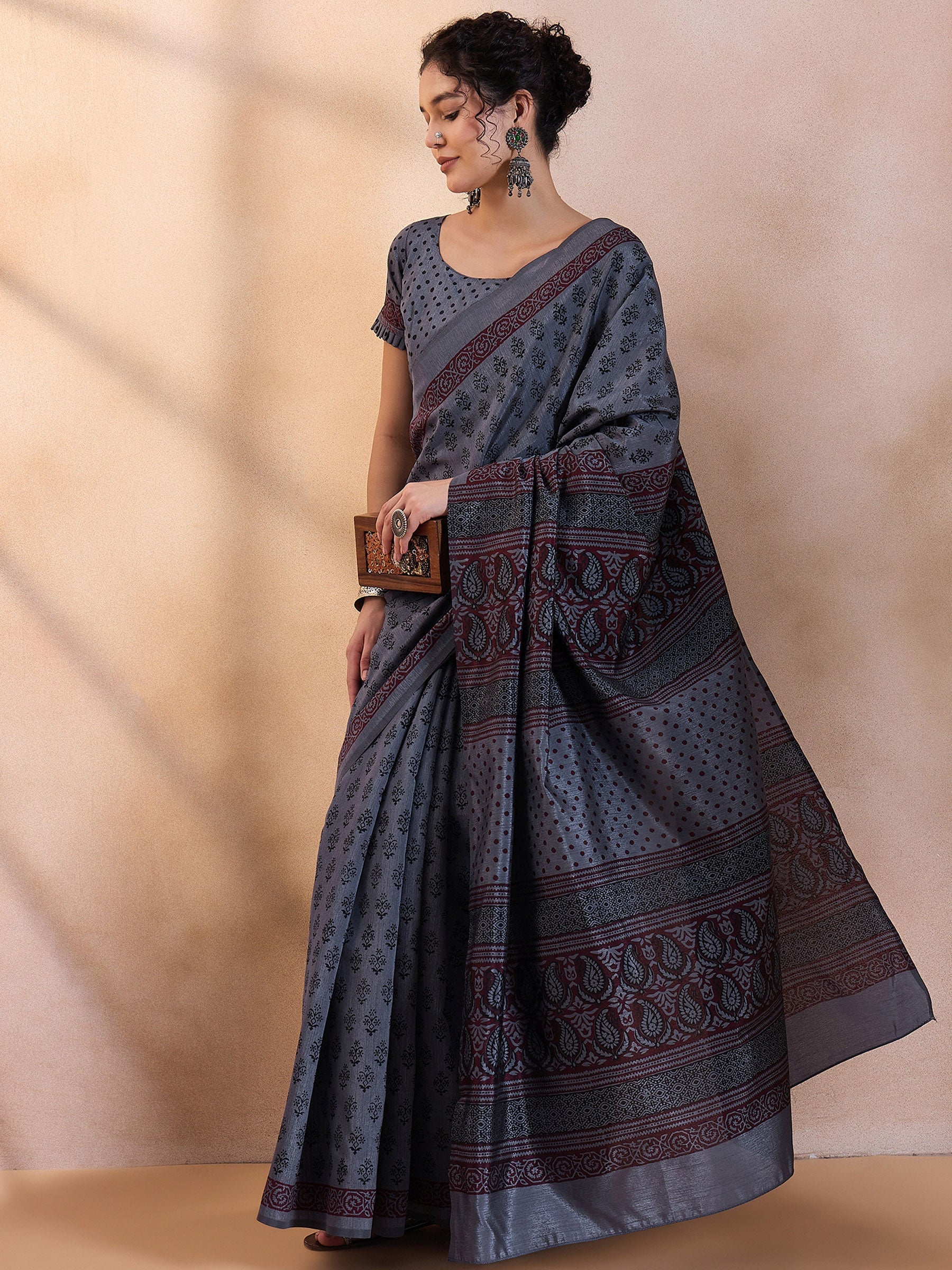 Buy MySilkLove Ship Grey Printed Dola Silk Saree Online