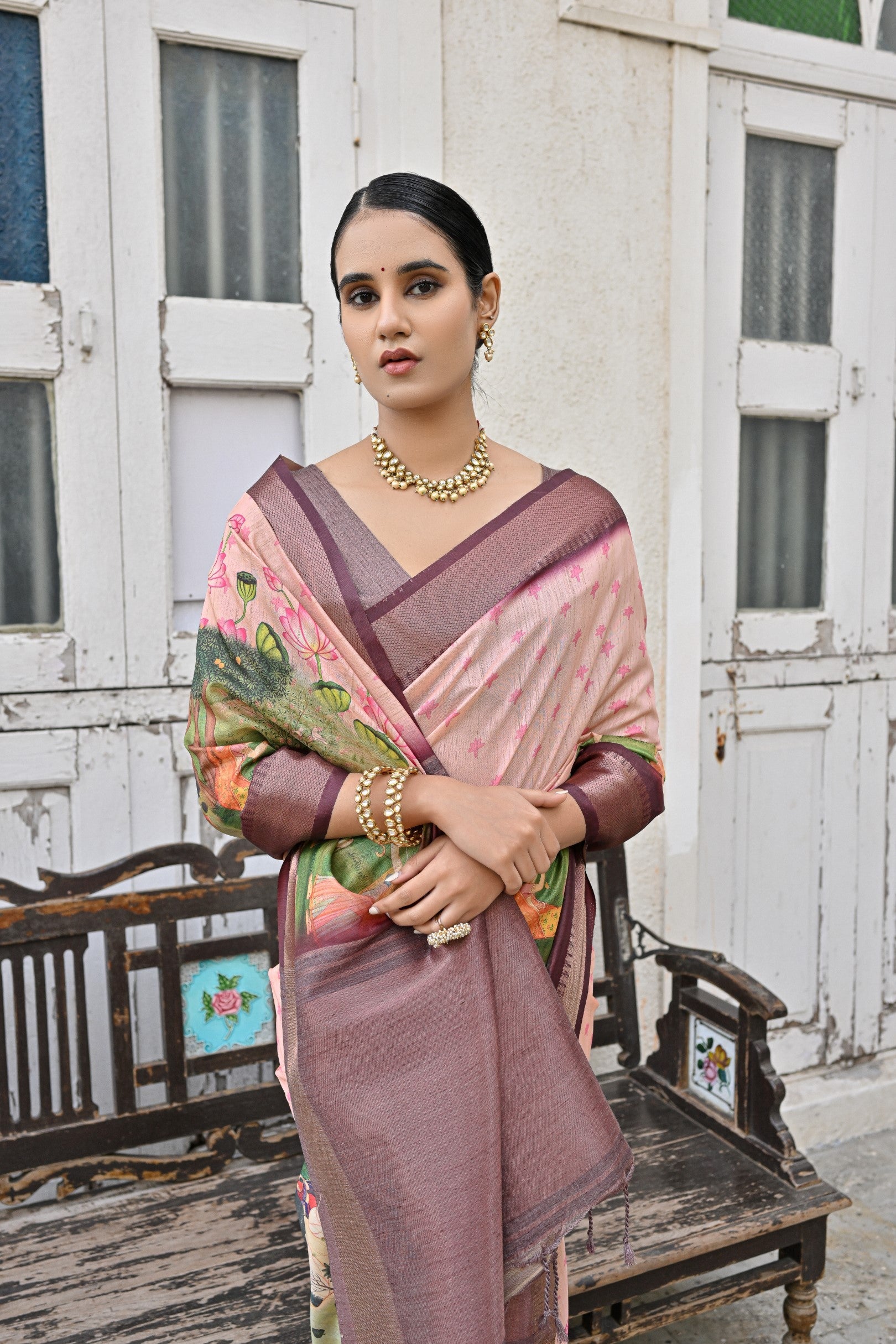 MySilkLove Eunry Peach and Purple Tussar Printed Silk Saree