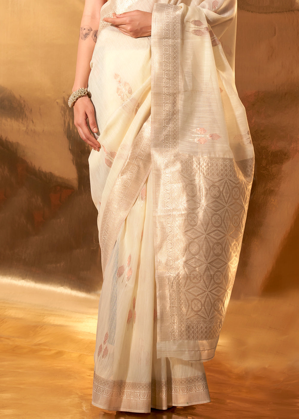 Buy MySilkLove Cameo Cream Handloom Linen Cotton Saree Online