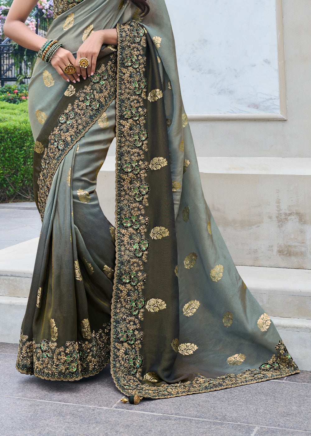 Buy MySilkLove Fossil Grey Embroidered Designer Silk Saree Online