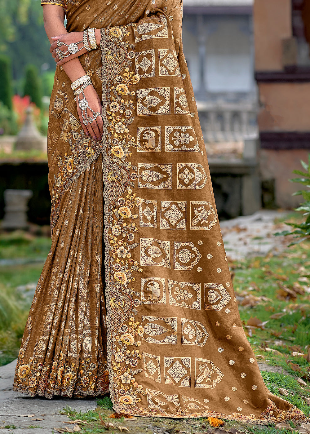 Buy MySilkLove Russet Brown Woven Designer Banarasi Embroidered Silk Saree Online