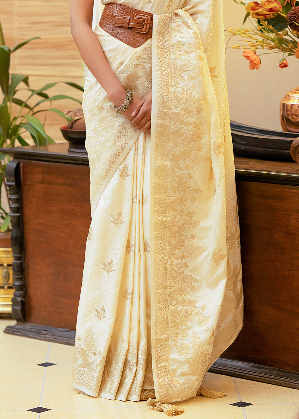 Buy MySilkLove Chilean Heath Cream Woven Satin Silk Saree Online