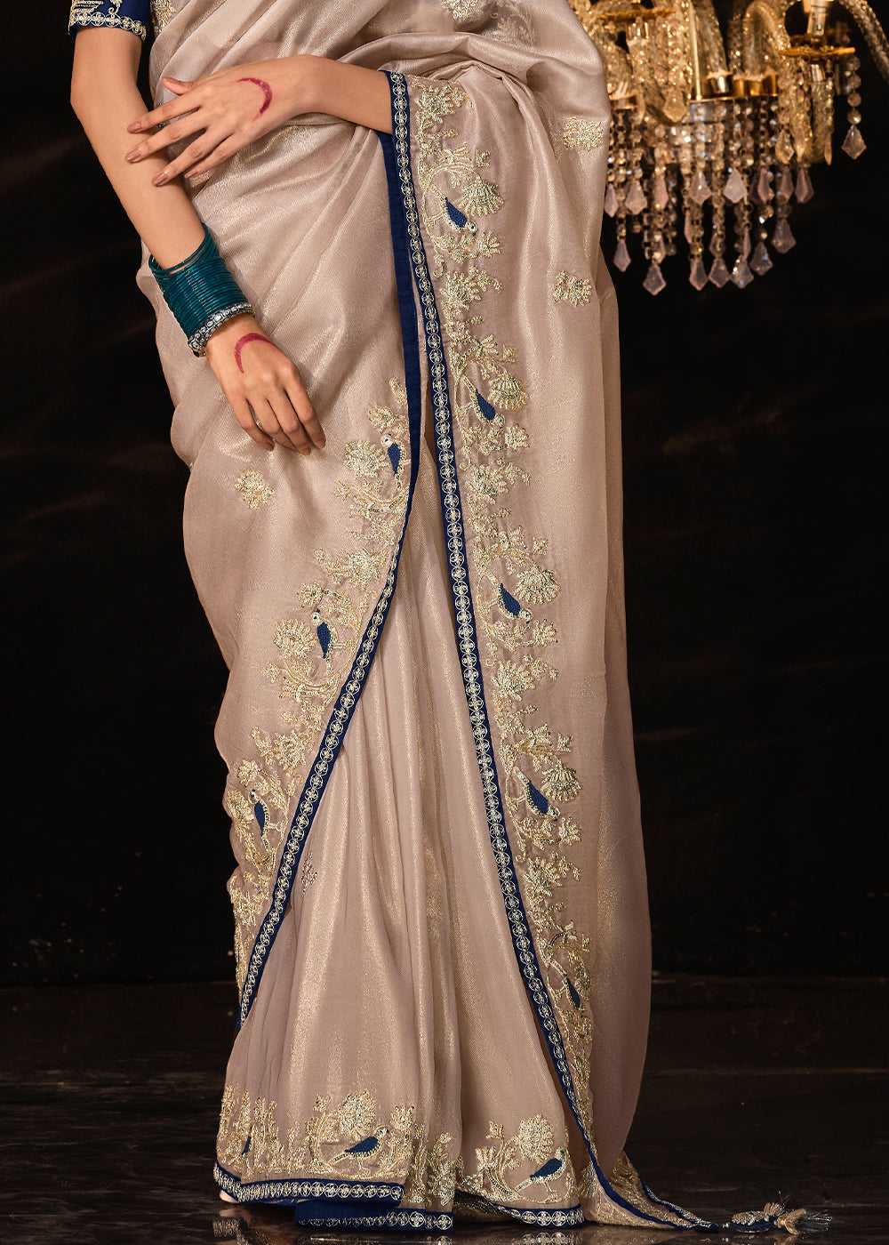 Buy MySilkLove Dairy Cream Embroidered Designer Satin Silk Saree Online