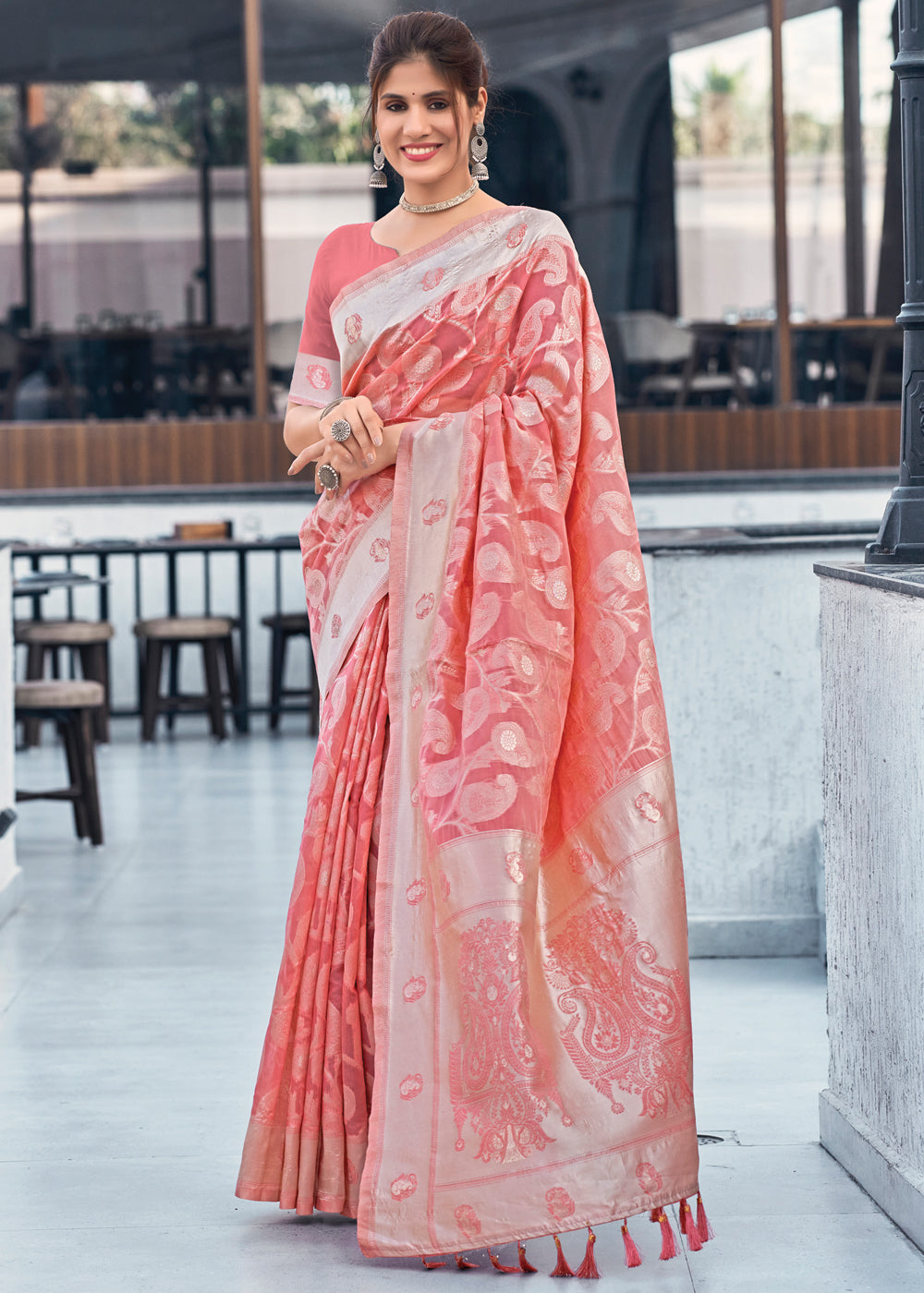 Buy MySilkLove Pink Rose Lucknowi Linen Cotton Saree Online