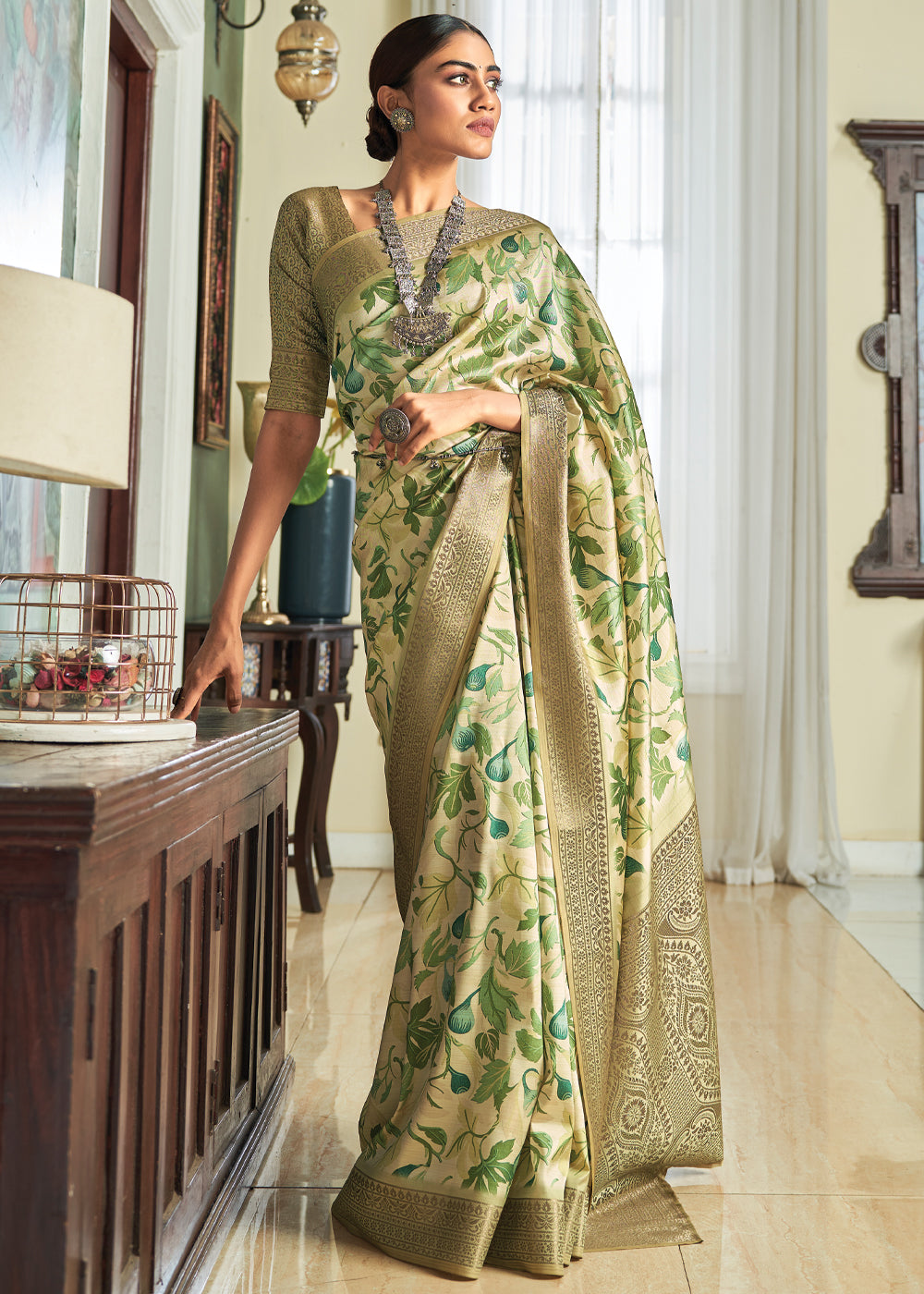 Buy MySilkLove Spring Green Woven Banarasi Satin Silk Saree Online