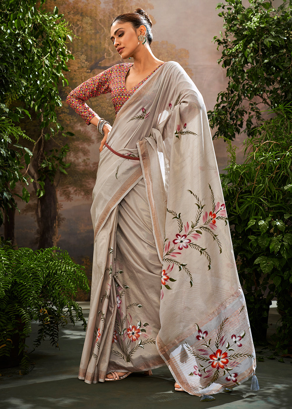 Buy MySilkLove Lead Grey Hand Painted Linen Silk Saree Online