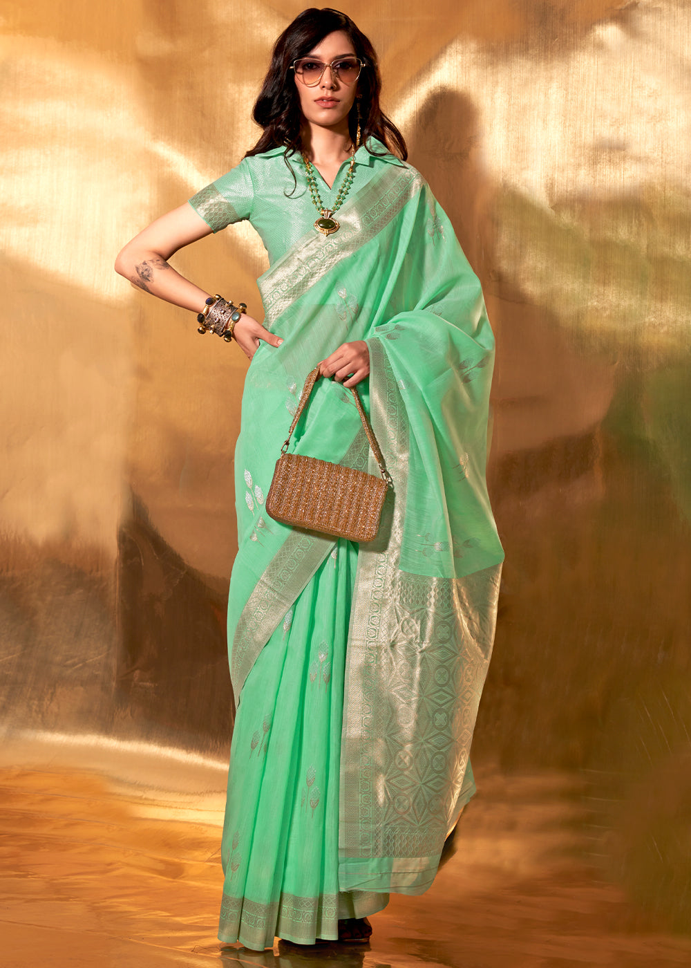 Buy MySilkLove Fringy Flower Green Handloom Linen Cotton Saree Online