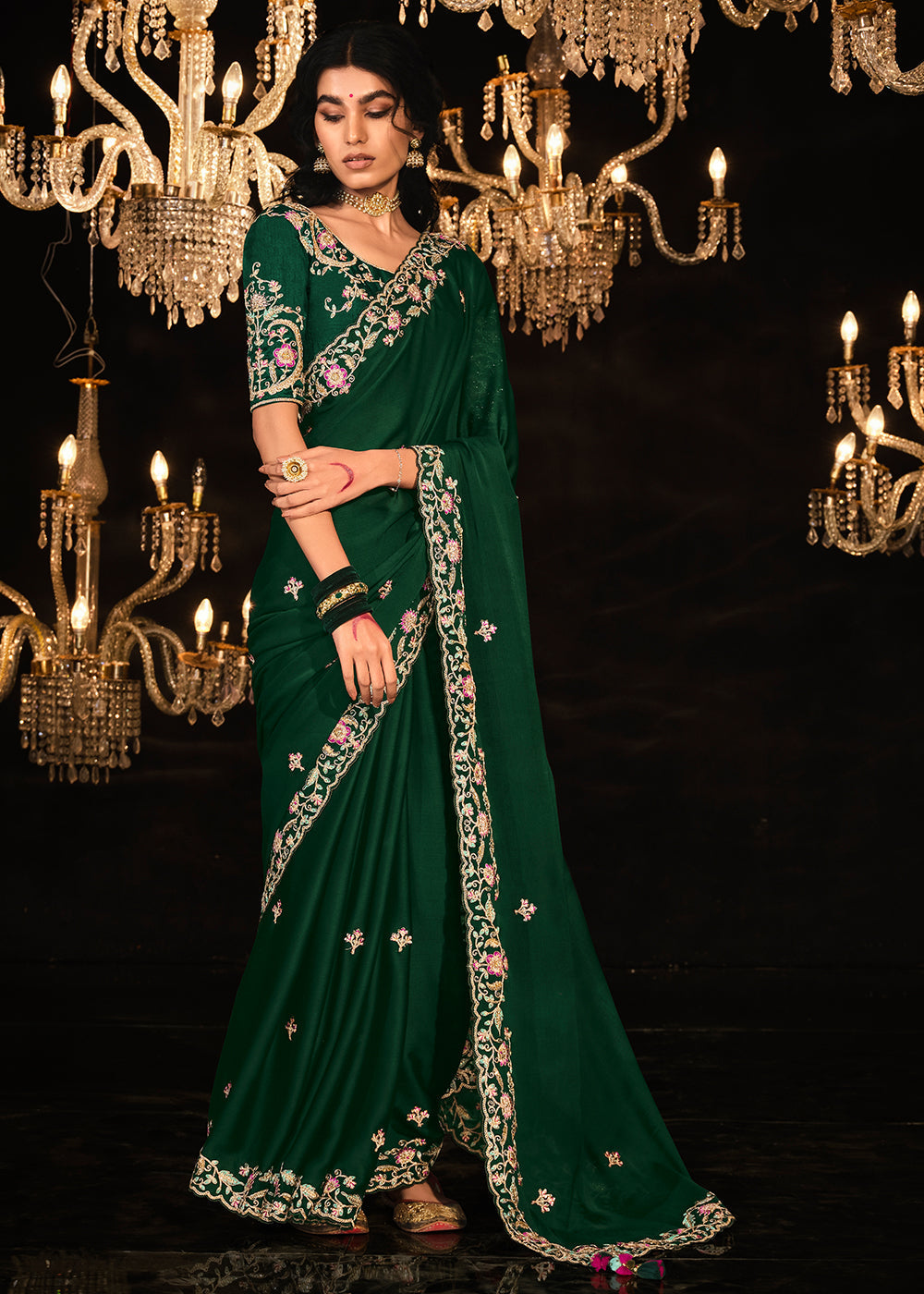 Buy MySilkLove Bush Green Embroidered Designer Satin Silk Saree Online