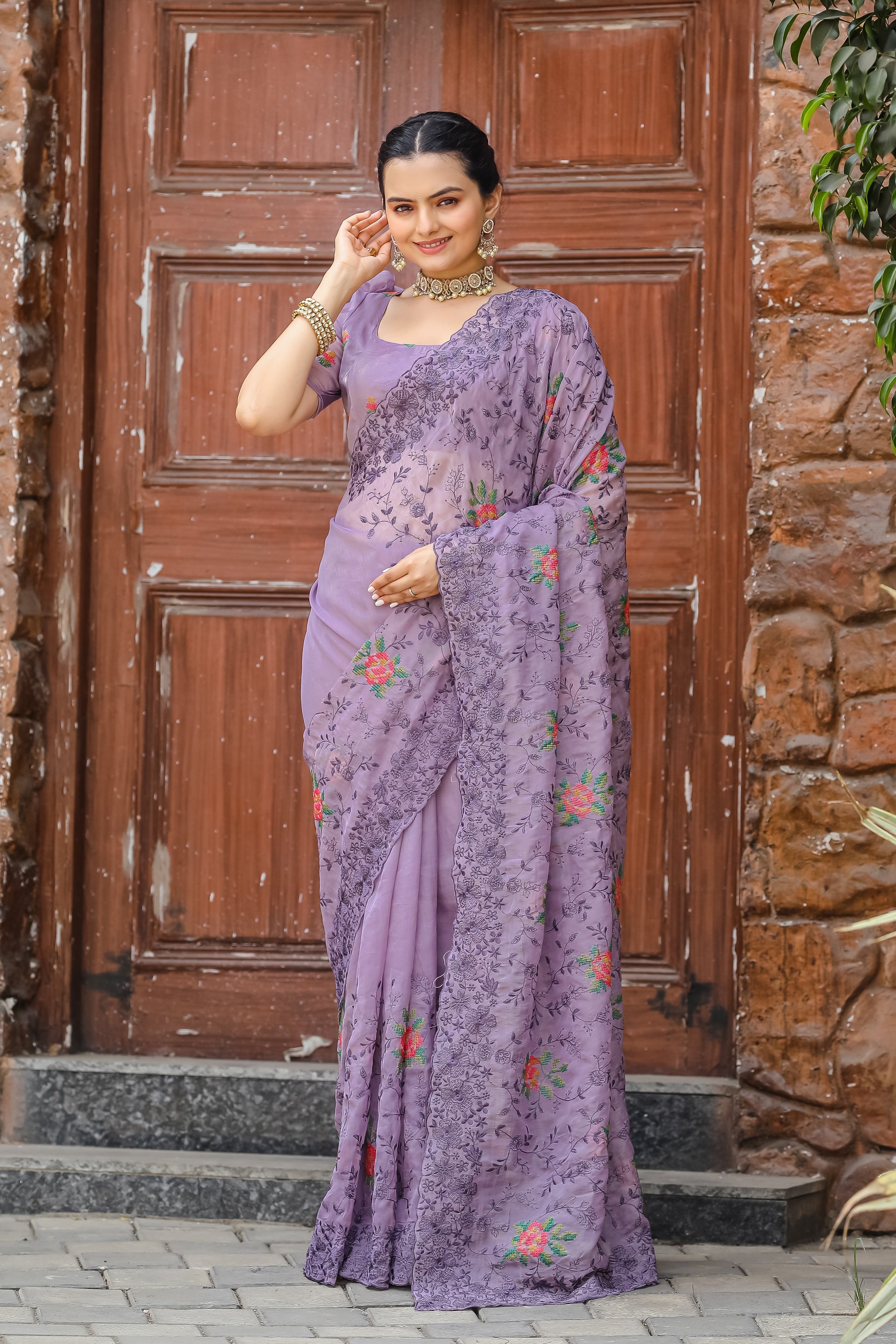 MySilkLove Glossy Grape Purple Embroidered Chiffon Silk Saree