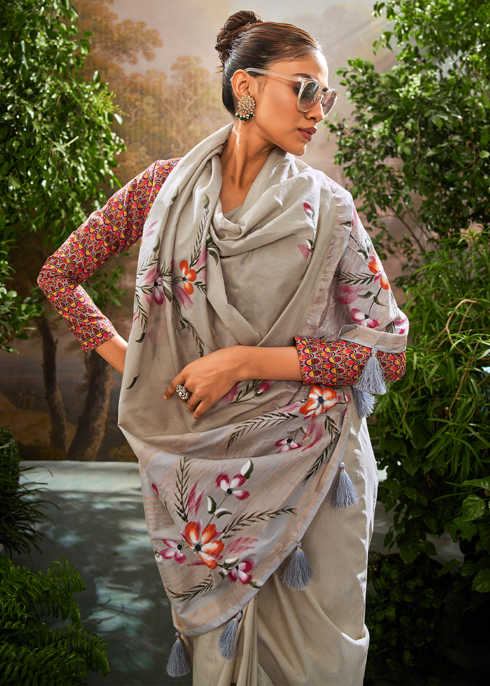 Buy MySilkLove Lead Grey Hand Painted Linen Silk Saree Online