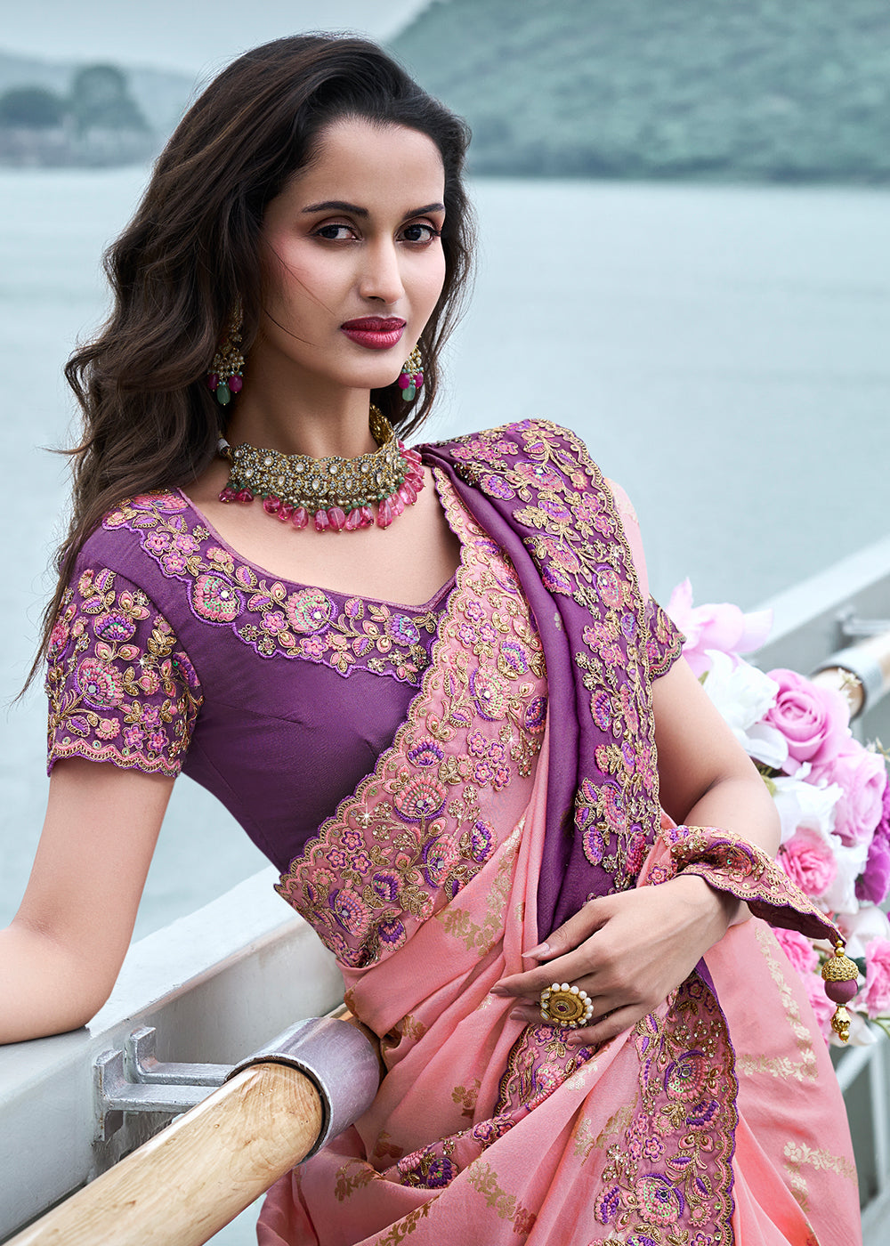 Buy MySilkLove Ballet Slipper Pink and Purple Embroidered Designer Silk Saree Online