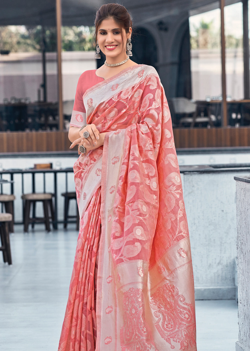 Buy MySilkLove Pink Rose Lucknowi Linen Cotton Saree Online