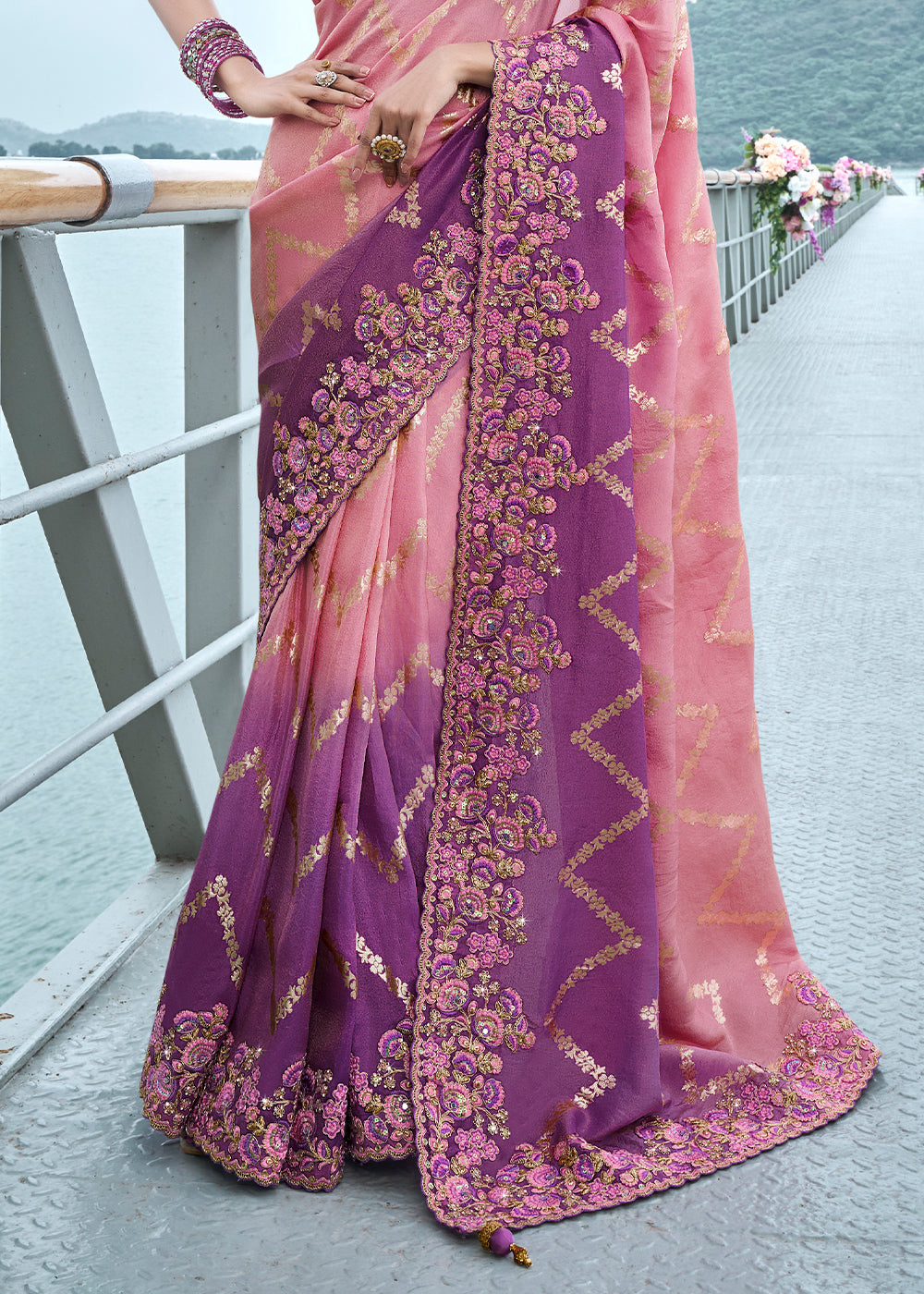 Buy MySilkLove Ballet Slipper Pink and Purple Embroidered Designer Silk Saree Online