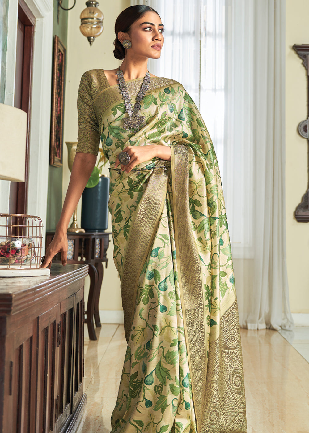 Buy MySilkLove Spring Green Woven Banarasi Satin Silk Saree Online